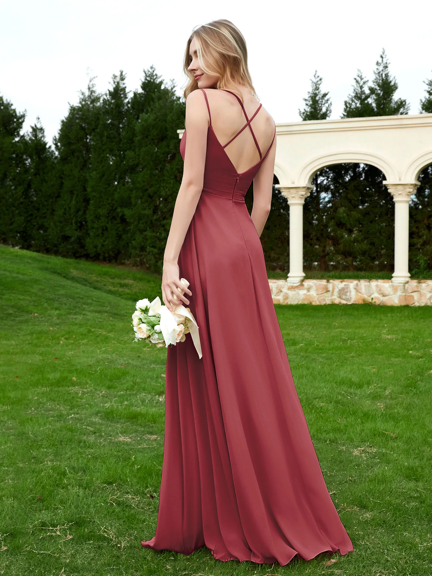 Floor Length V Neck Chiffon Bridesmaid Gown Cinnamon Rose Plus Size - Image 2