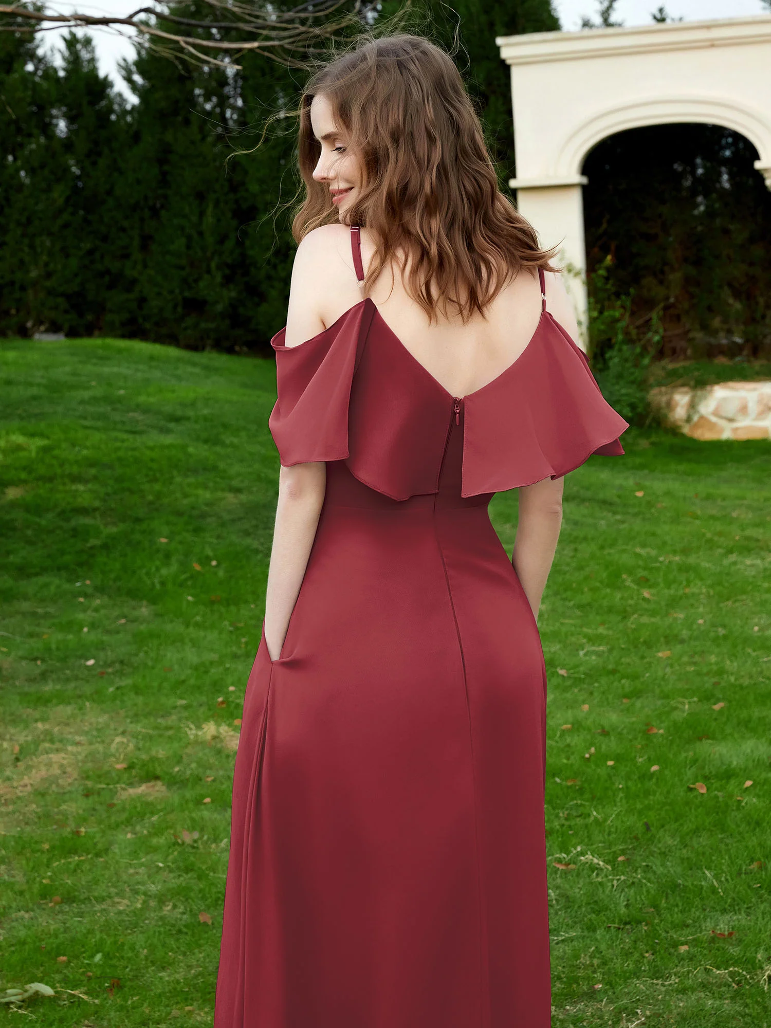 Floor-length V-neck Ruffles Chiffon A-line Dress Cinnamon Rose - Image 2