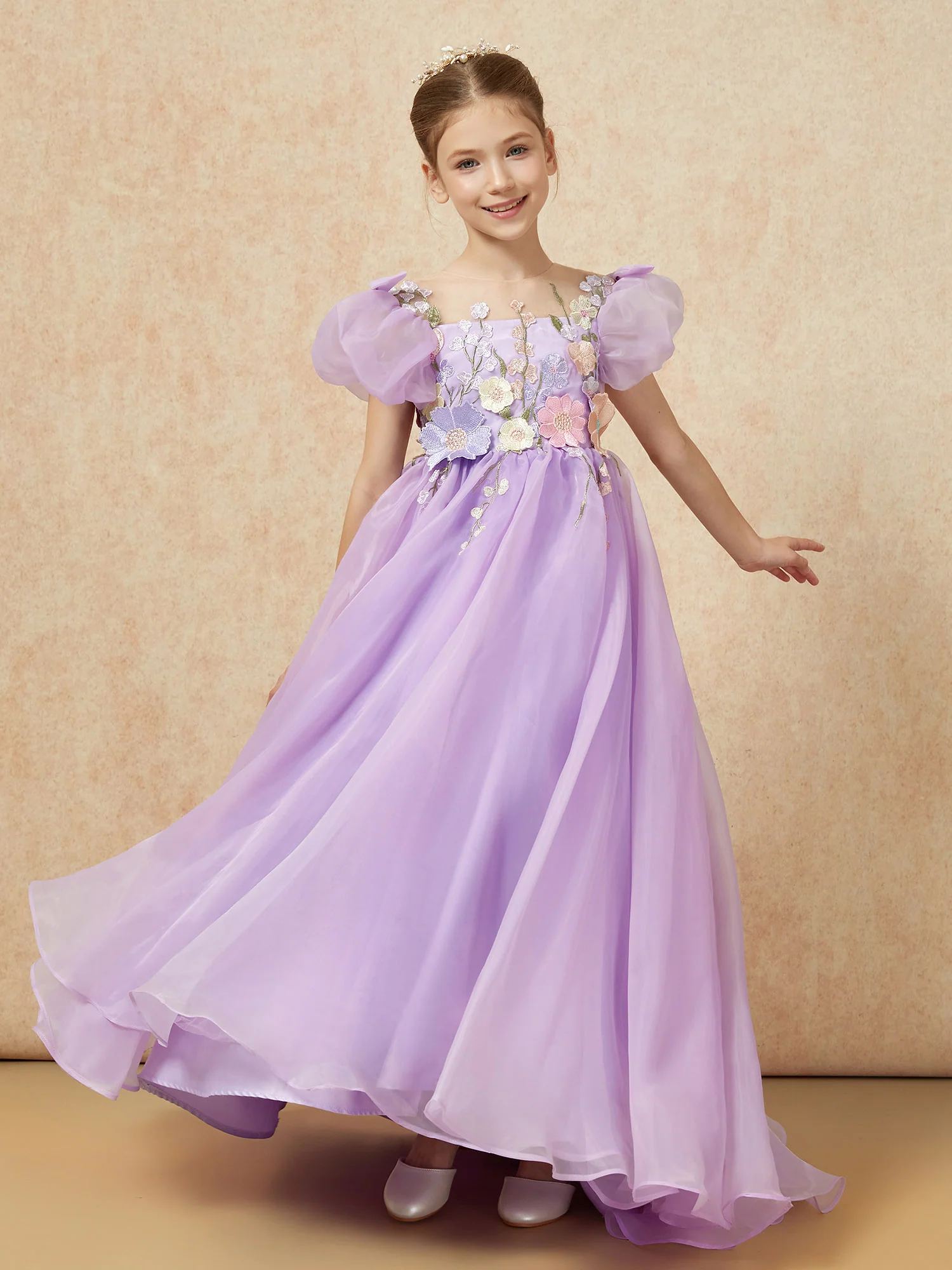 Floral Appliqued Illusion Neck Cap Sleeve Girls Dresses Lilac - Image 4