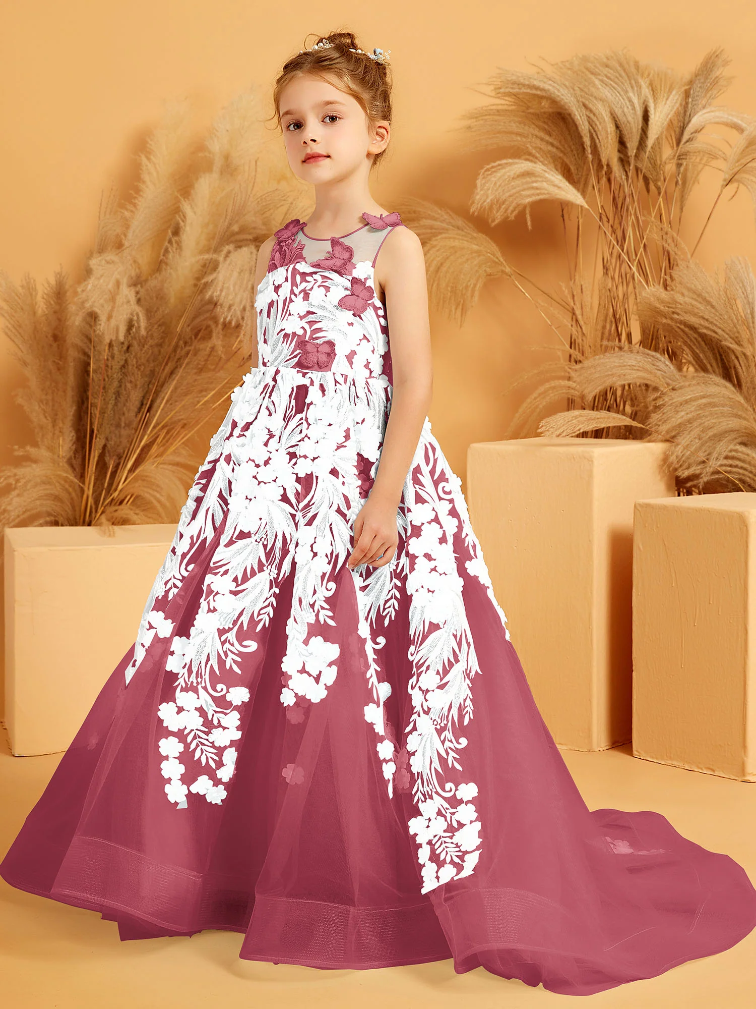 Floral Appliqued Tulle Ball-Gown with 3D Butterfly Accents Cinnamon Rose - Image 3