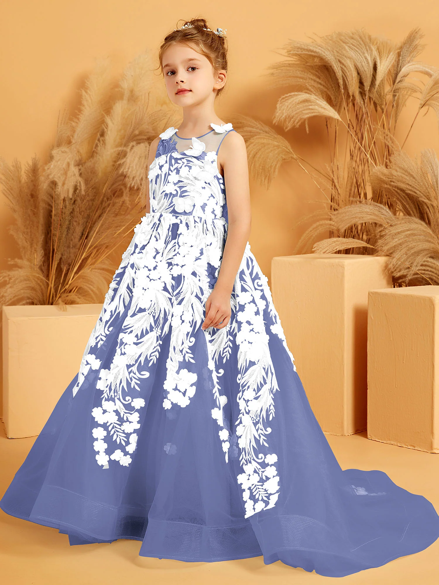 Floral Appliqued Tulle Ball-Gown with 3D Butterfly Accents Periwinkle - Image 3