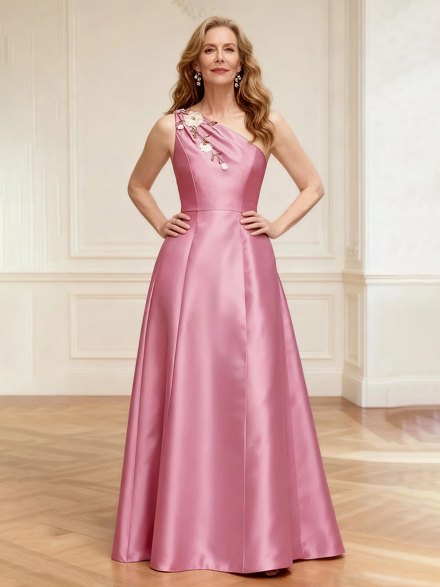 Floral One Shoulder A-Line Satin Long Dress Daffodil