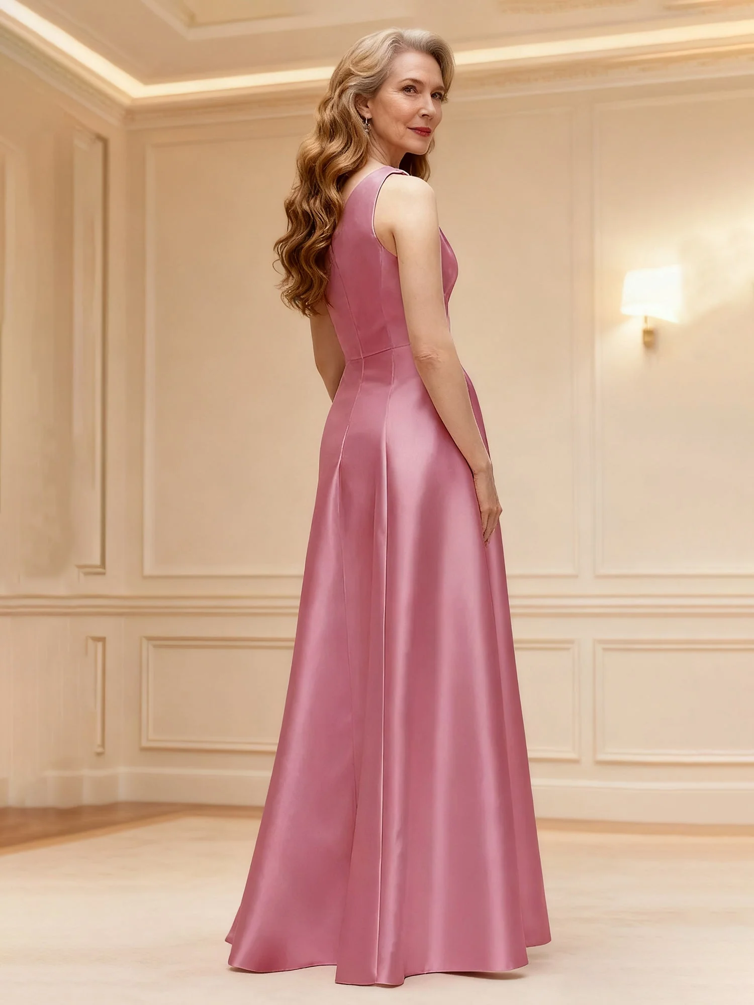 Floral One Shoulder A-Line Satin Long Dress Slate Blue - Image 2