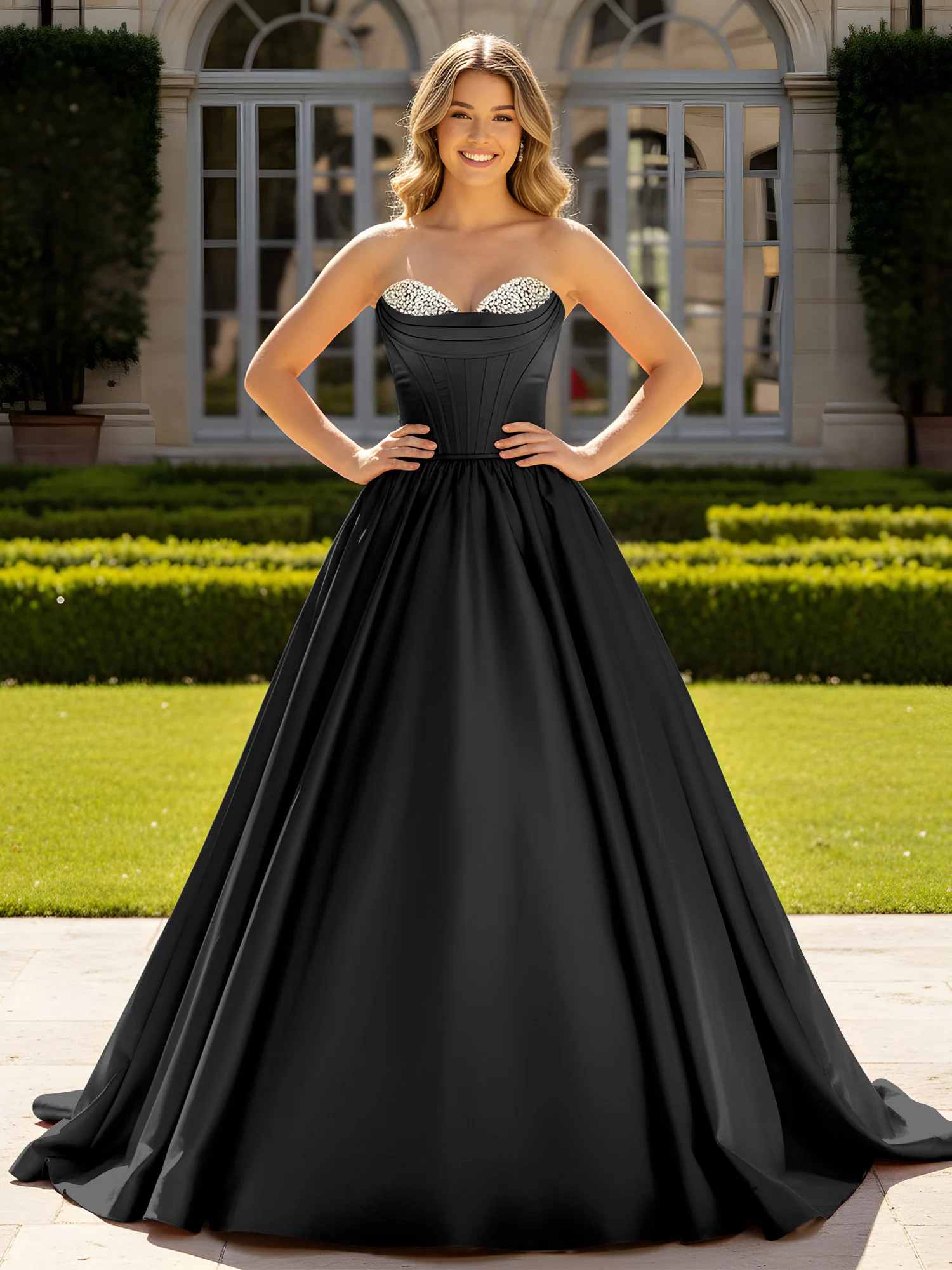 Strapless Satin Ball Gown with Crystal Bustier Detail Black