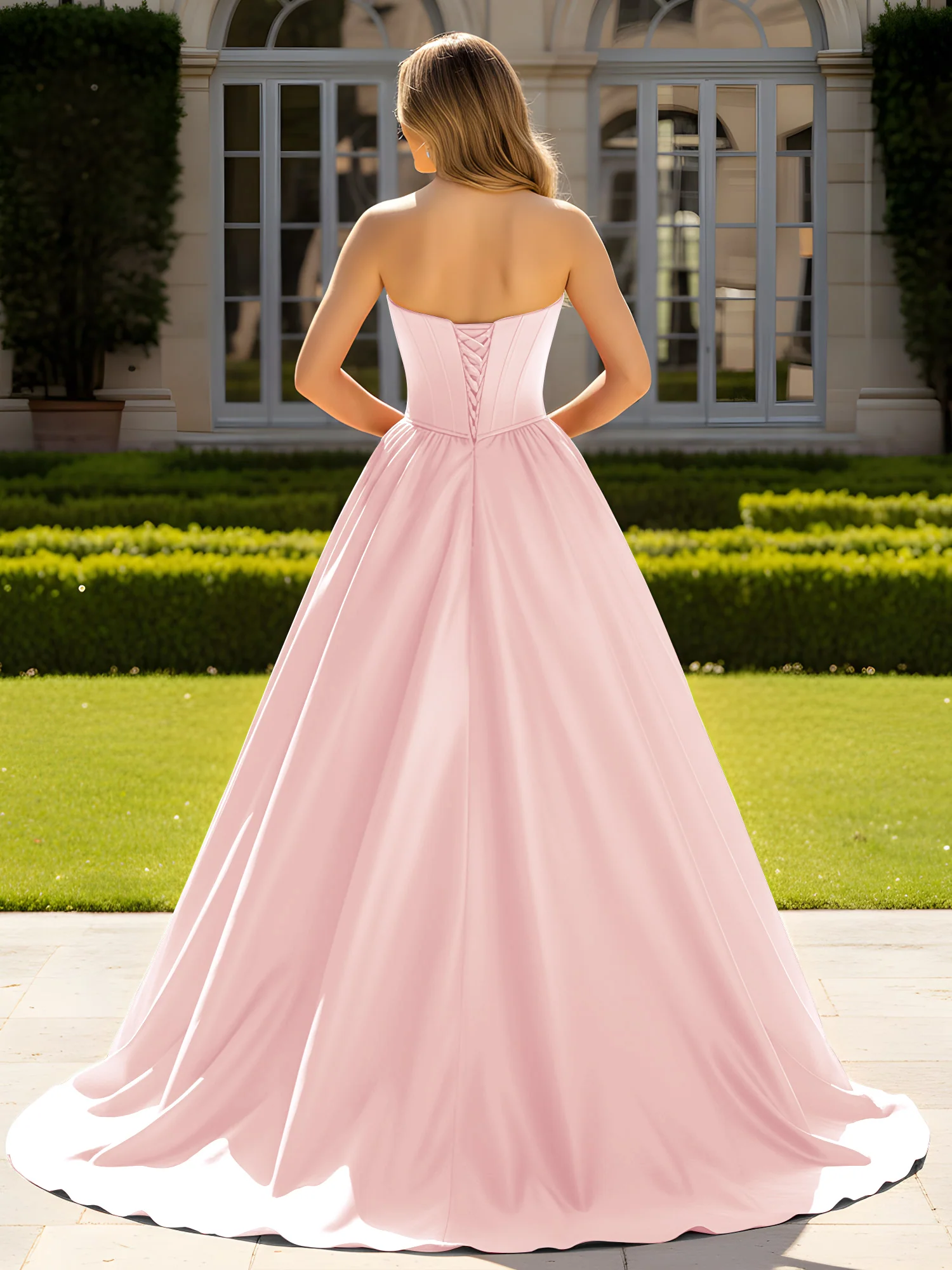 Strapless Satin Ball Gown with Crystal Bustier Detail Blushing Pink - Image 2