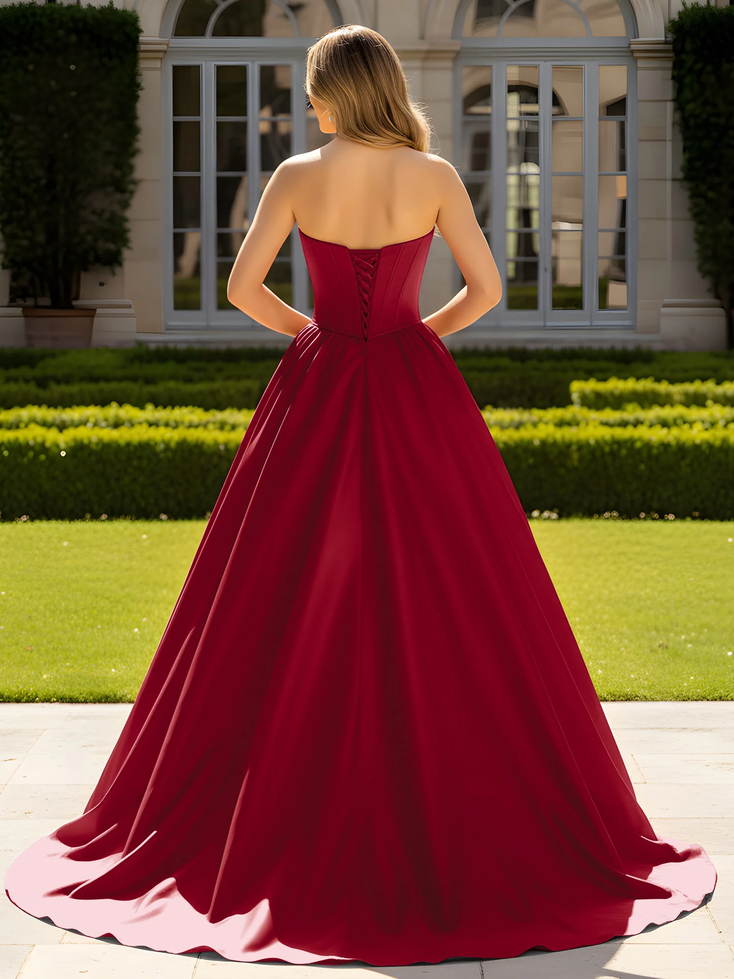 Strapless Satin Ball Gown with Crystal Bustier Detail Burgundy - Image 2