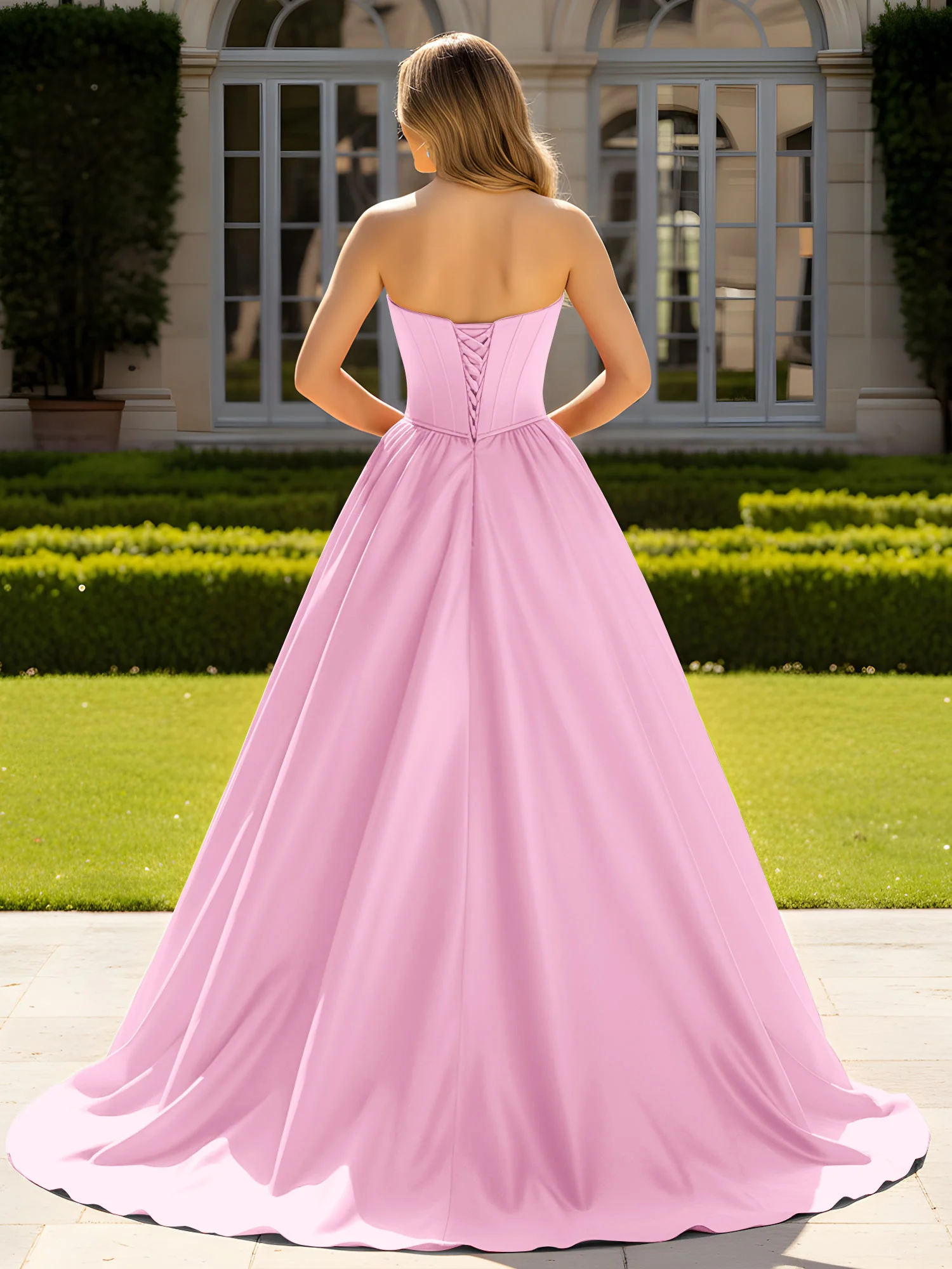 Strapless Satin Ball Gown with Crystal Bustier Detail Candy Pink - Image 2