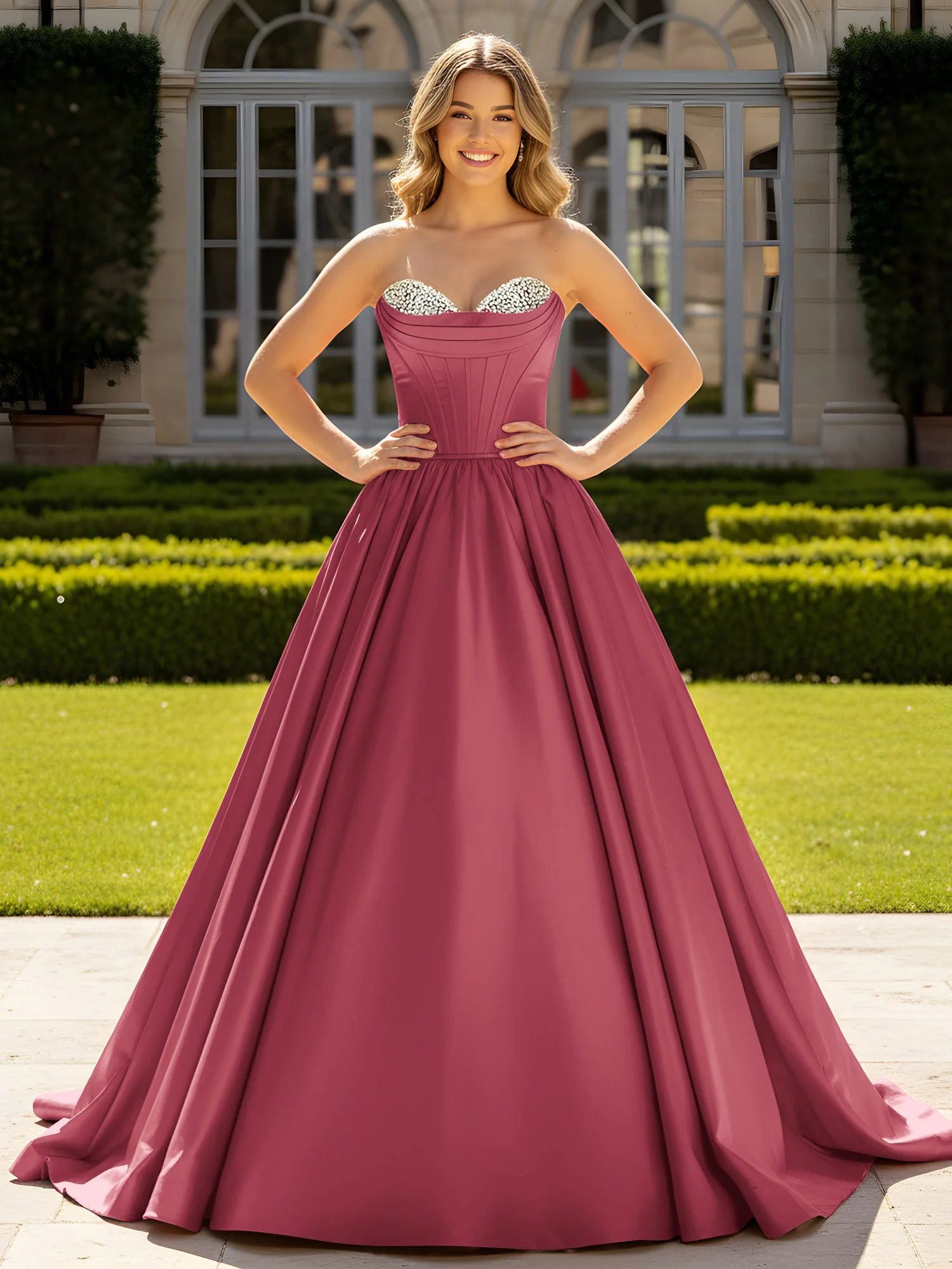 Strapless Satin Ball Gown with Crystal Bustier Detail Cinnamon Rose