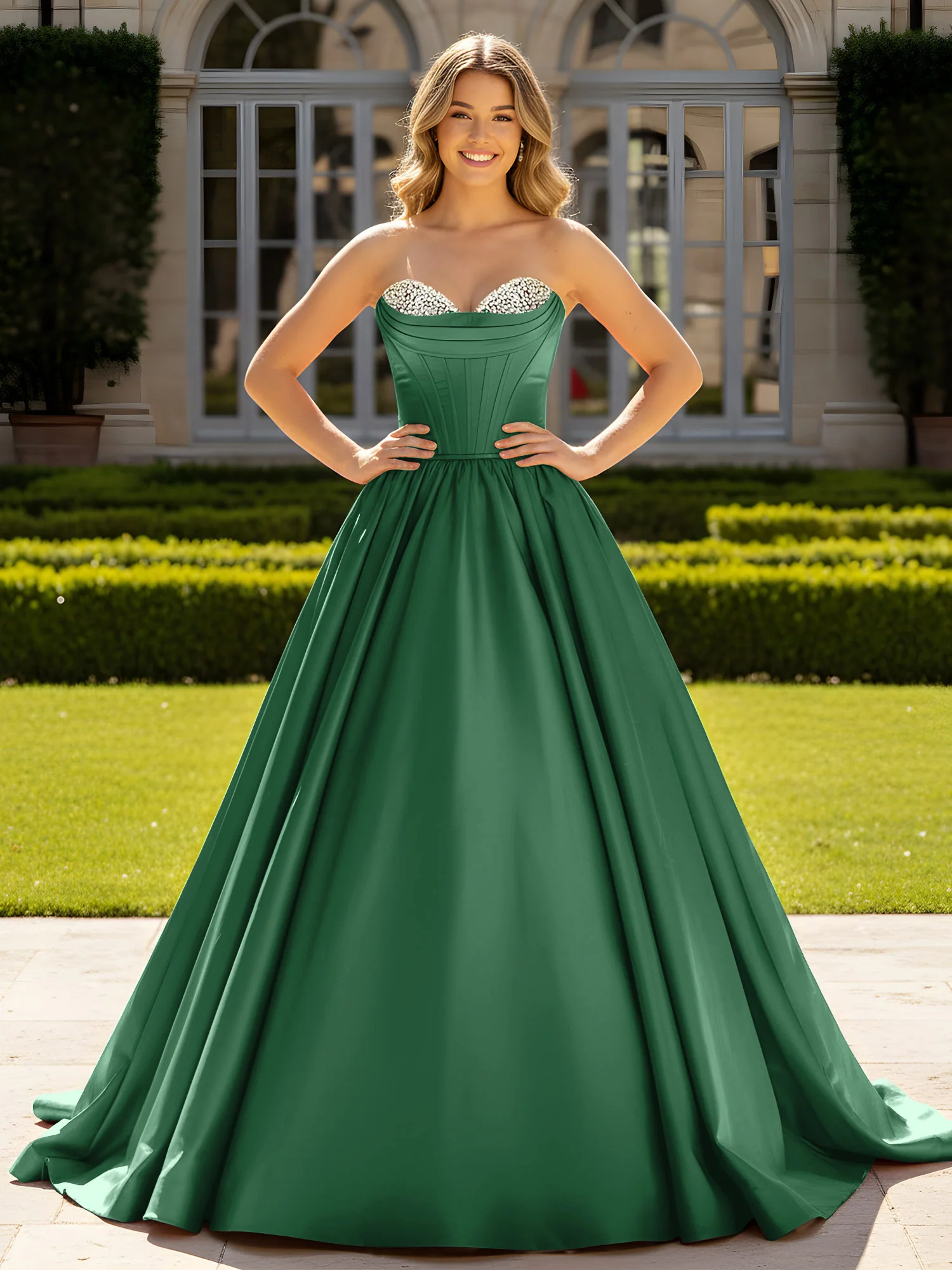 Strapless Satin Ball Gown with Crystal Bustier Detail Dark Green