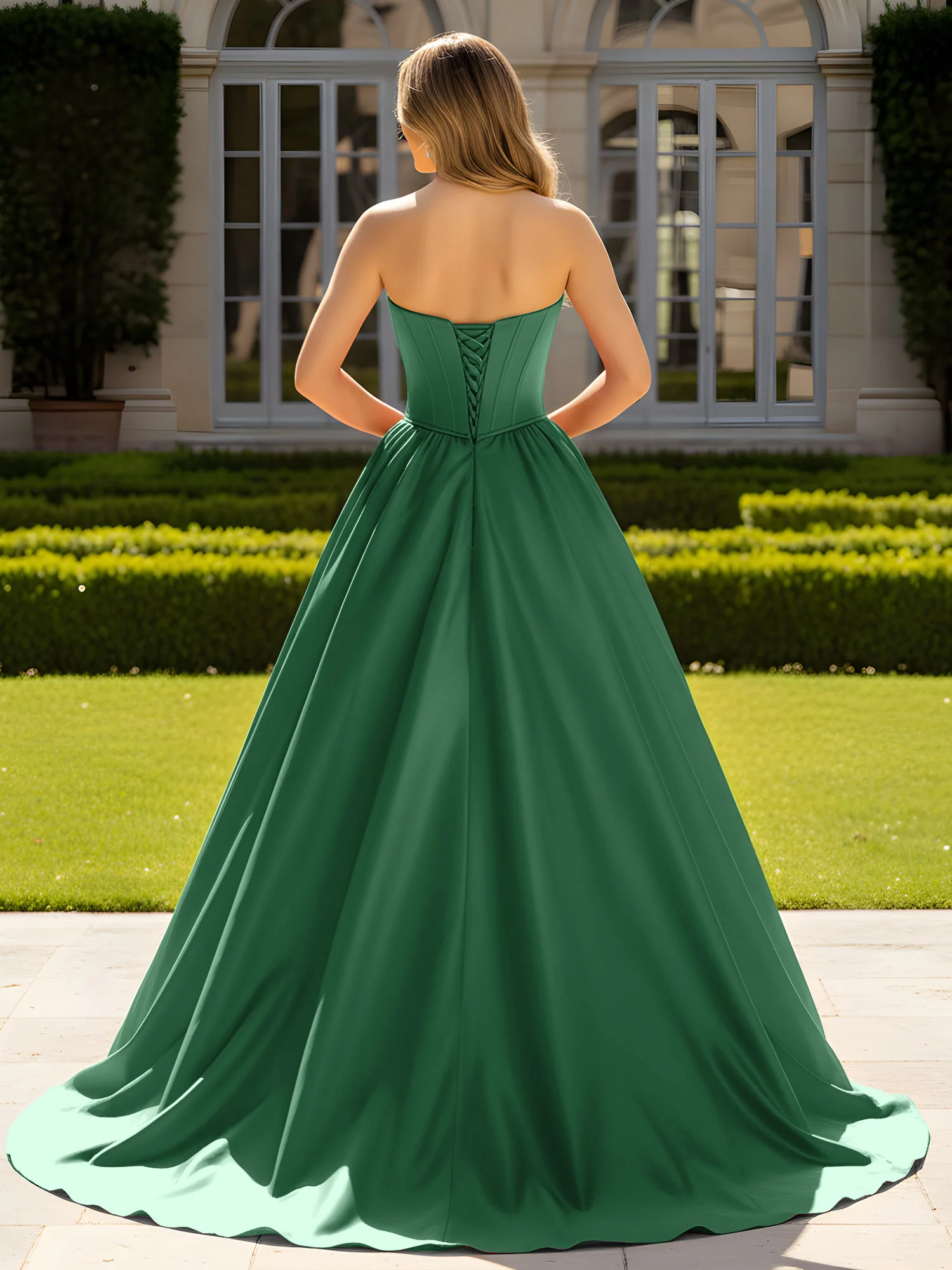 Strapless Satin Ball Gown with Crystal Bustier Detail Dark Green - Image 2