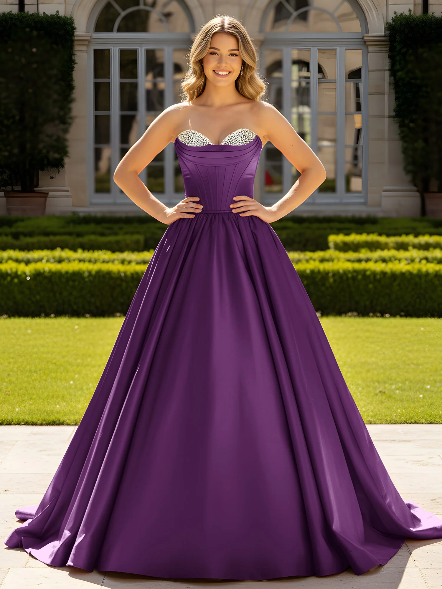 Strapless Satin Ball Gown with Crystal Bustier Detail Grape