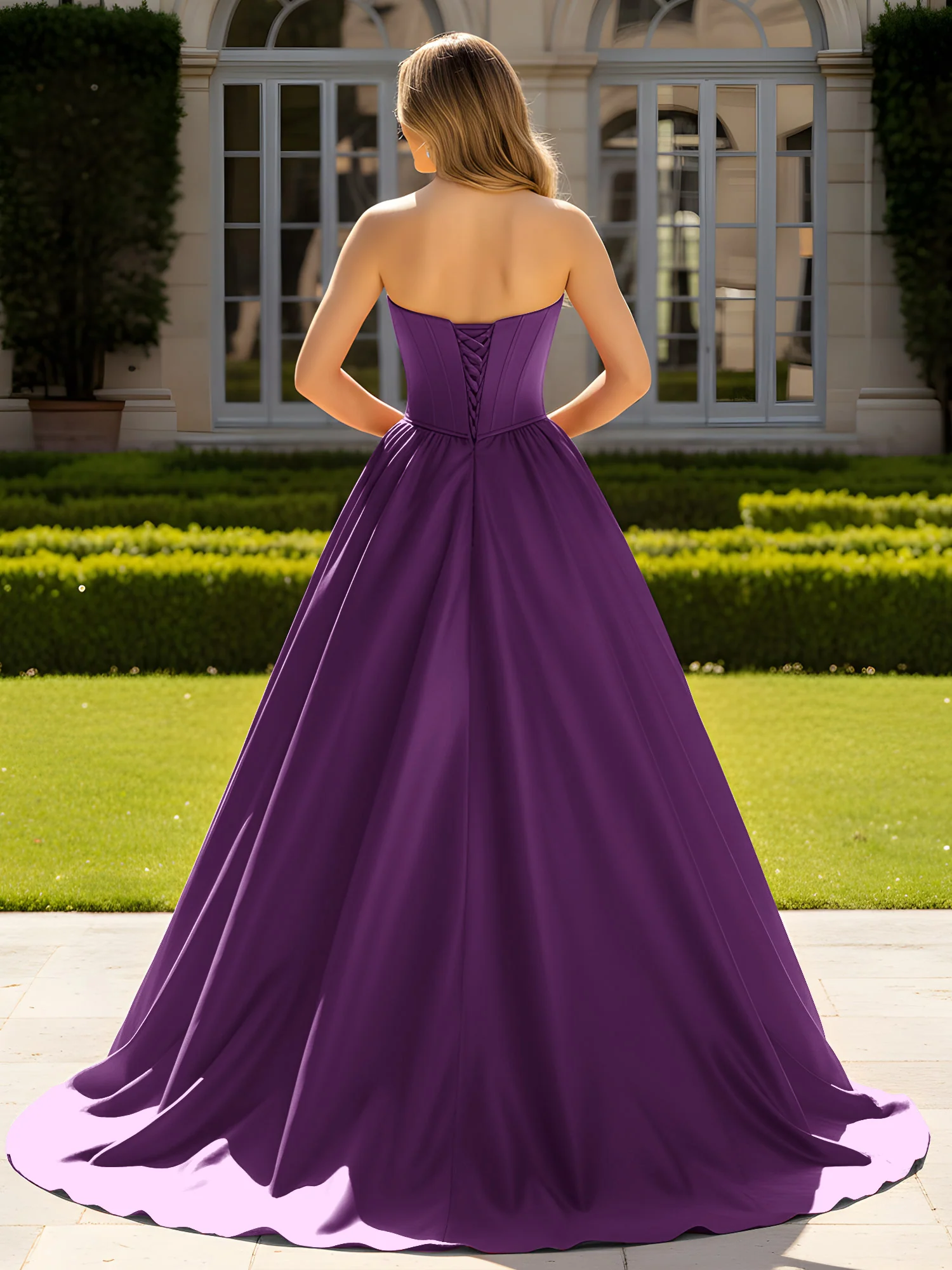 Strapless Satin Ball Gown with Crystal Bustier Detail Grape - Image 2