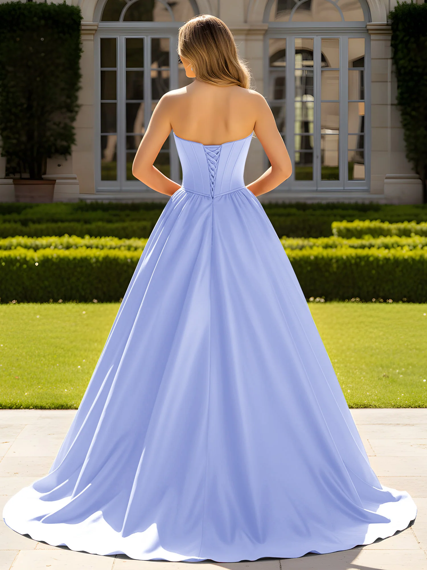 Strapless Satin Ball Gown with Crystal Bustier Detail Lavender - Image 2