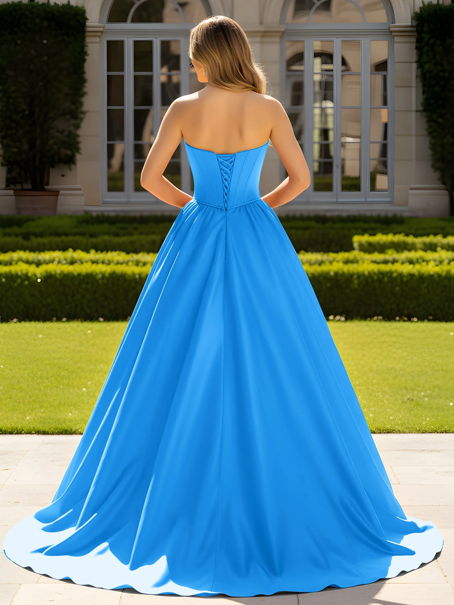 Strapless Satin Ball Gown with Crystal Bustier Detail Ocean Blue - Image 2