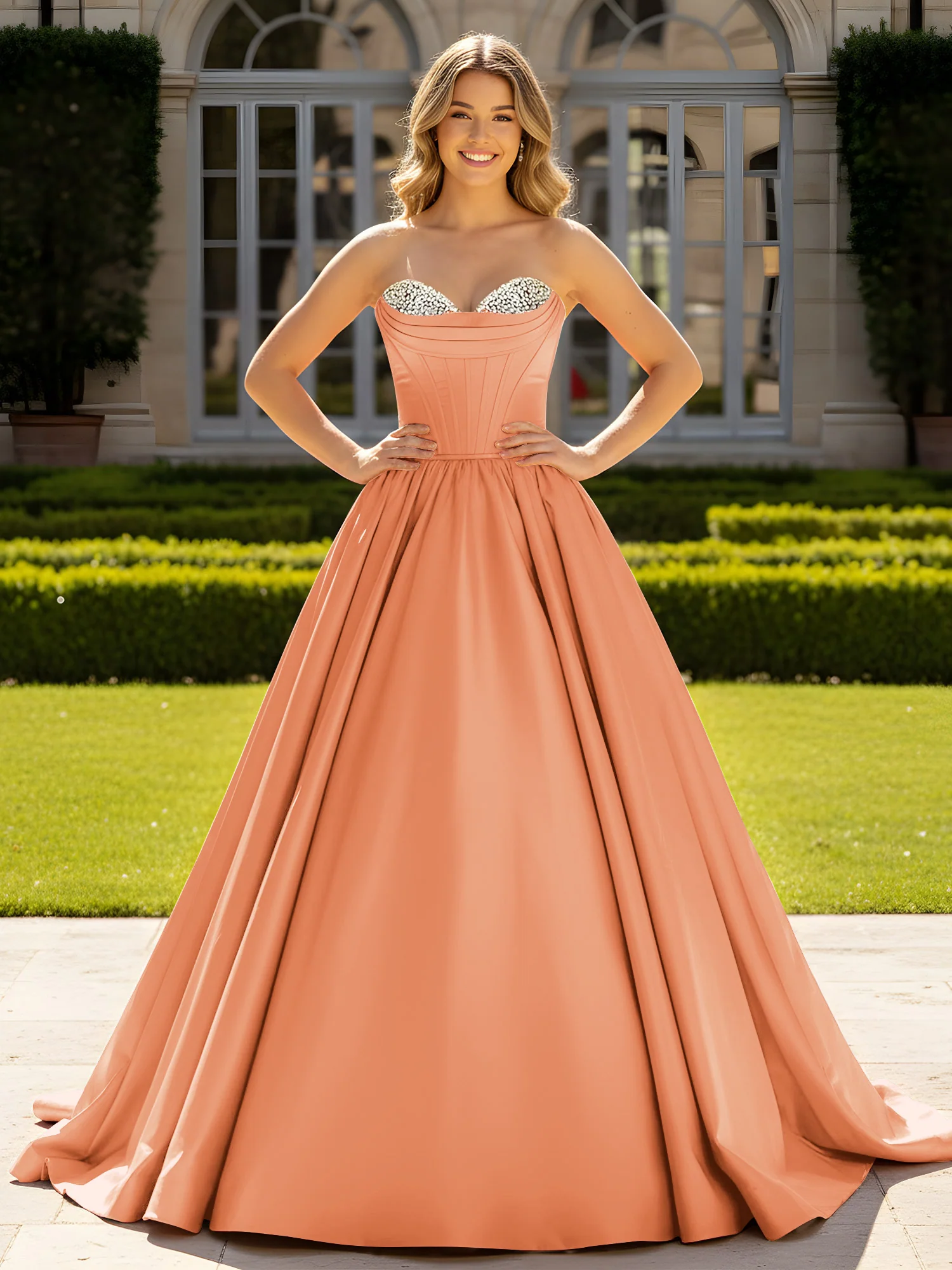 Strapless Satin Ball Gown with Crystal Bustier Detail Papaya