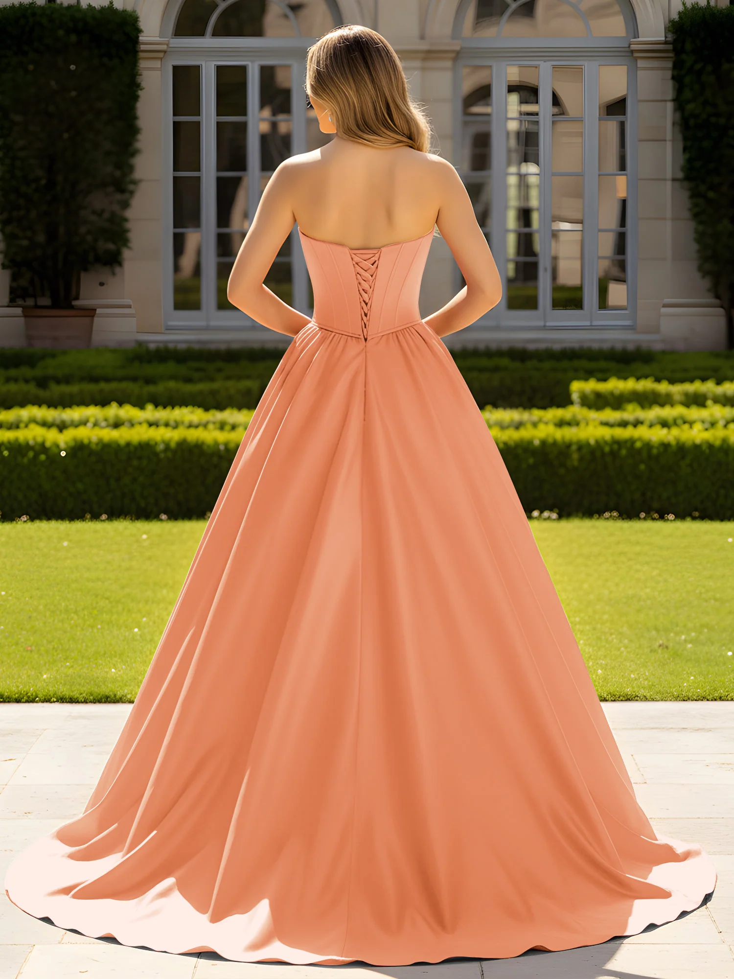 Strapless Satin Ball Gown with Crystal Bustier Detail Papaya - Image 2
