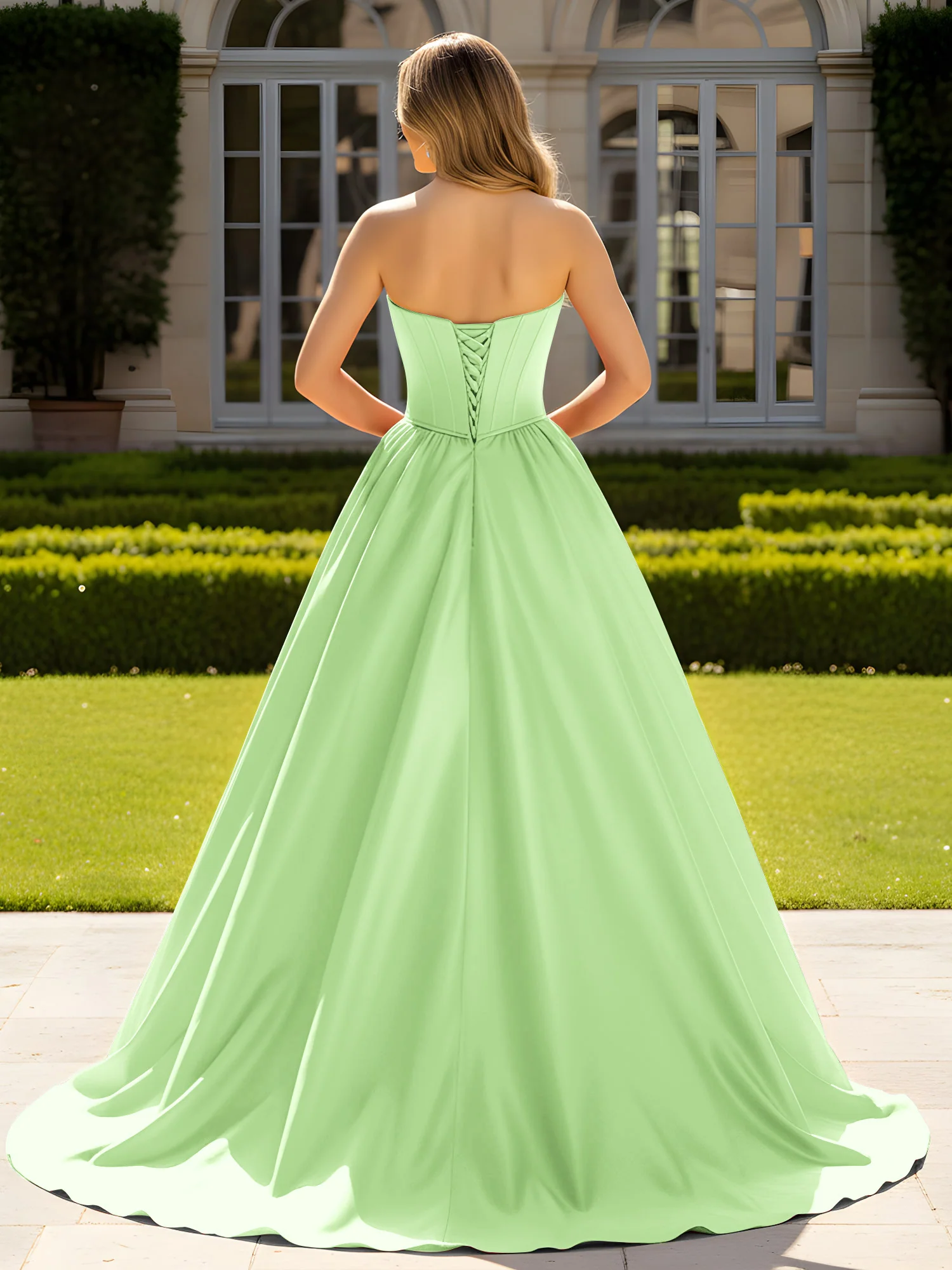 Strapless Satin Ball Gown with Crystal Bustier Detail Sage - Image 2