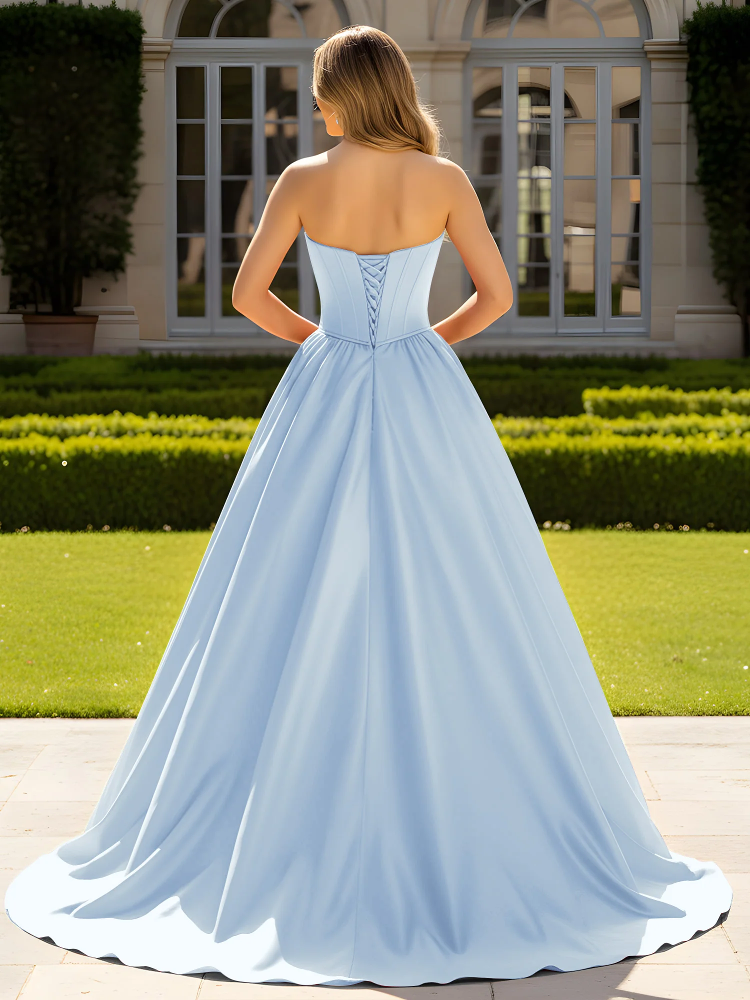 Strapless Satin Ball Gown with Crystal Bustier Detail Sky Blue - Image 2