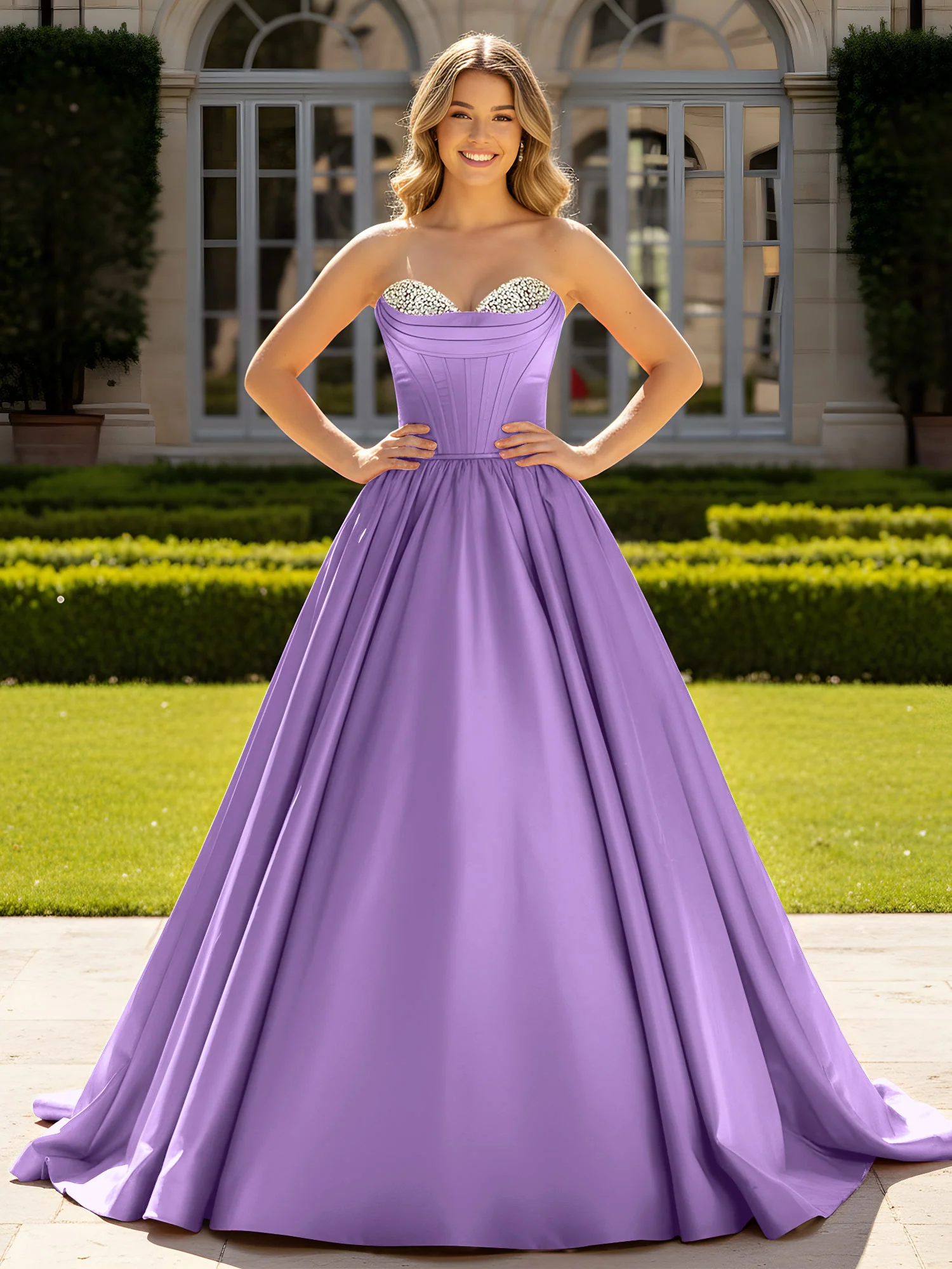 Strapless Satin Ball Gown with Crystal Bustier Detail Tahiti