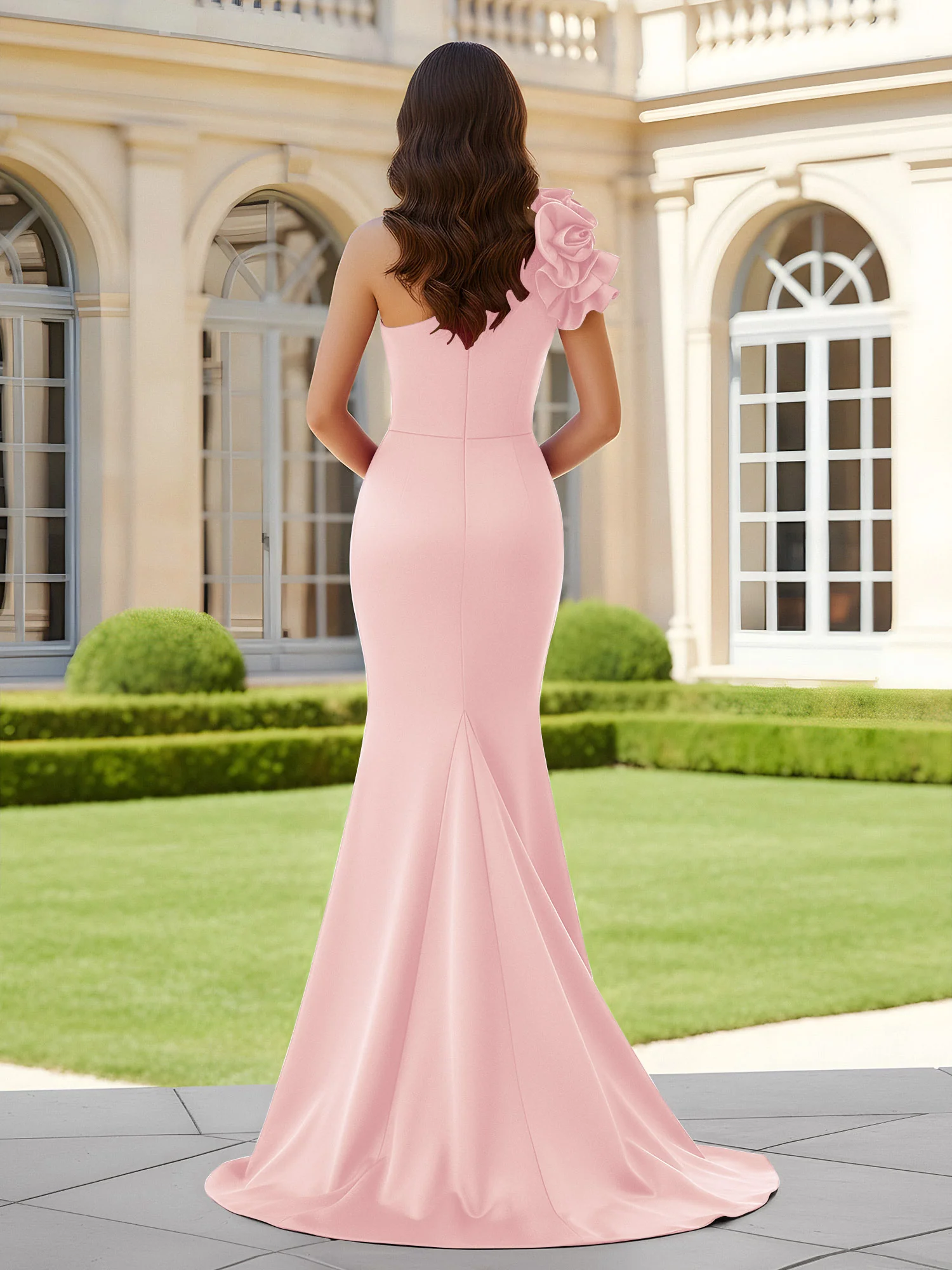 Flower One Shoulder Pleated Mermaid Dress With Slit Blushing Pink - Image 2