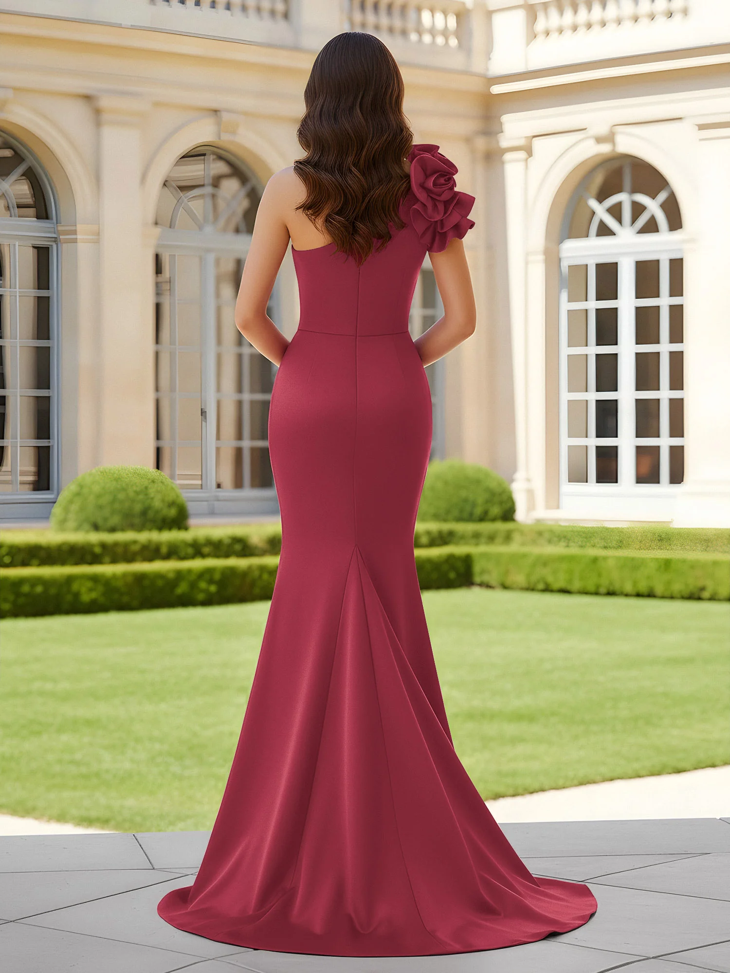 Flower One Shoulder Pleated Mermaid Dress With Slit Cinnamon Rose - Image 2