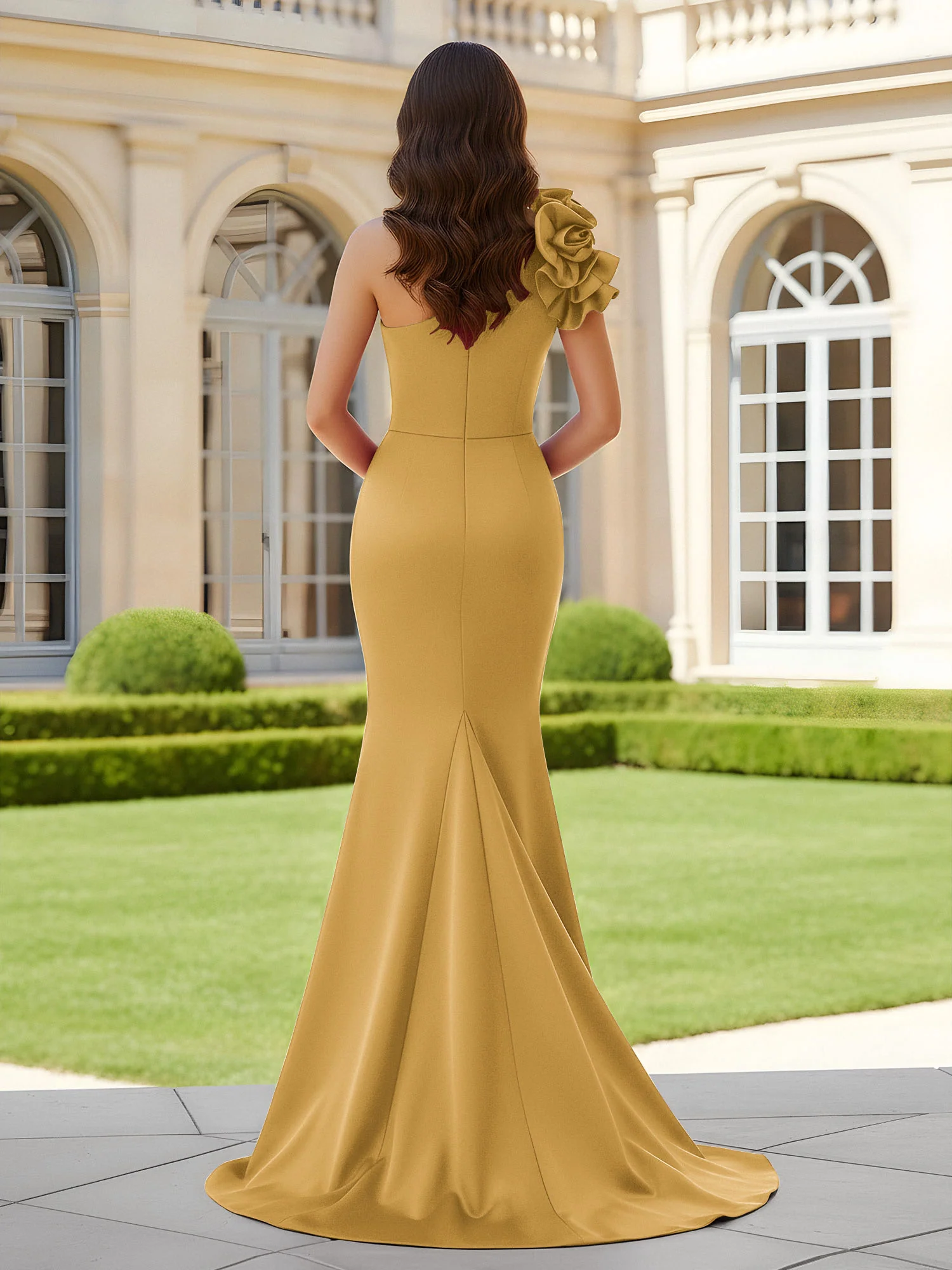 Flower One Shoulder Pleated Mermaid Dress With Slit Gold - Image 2