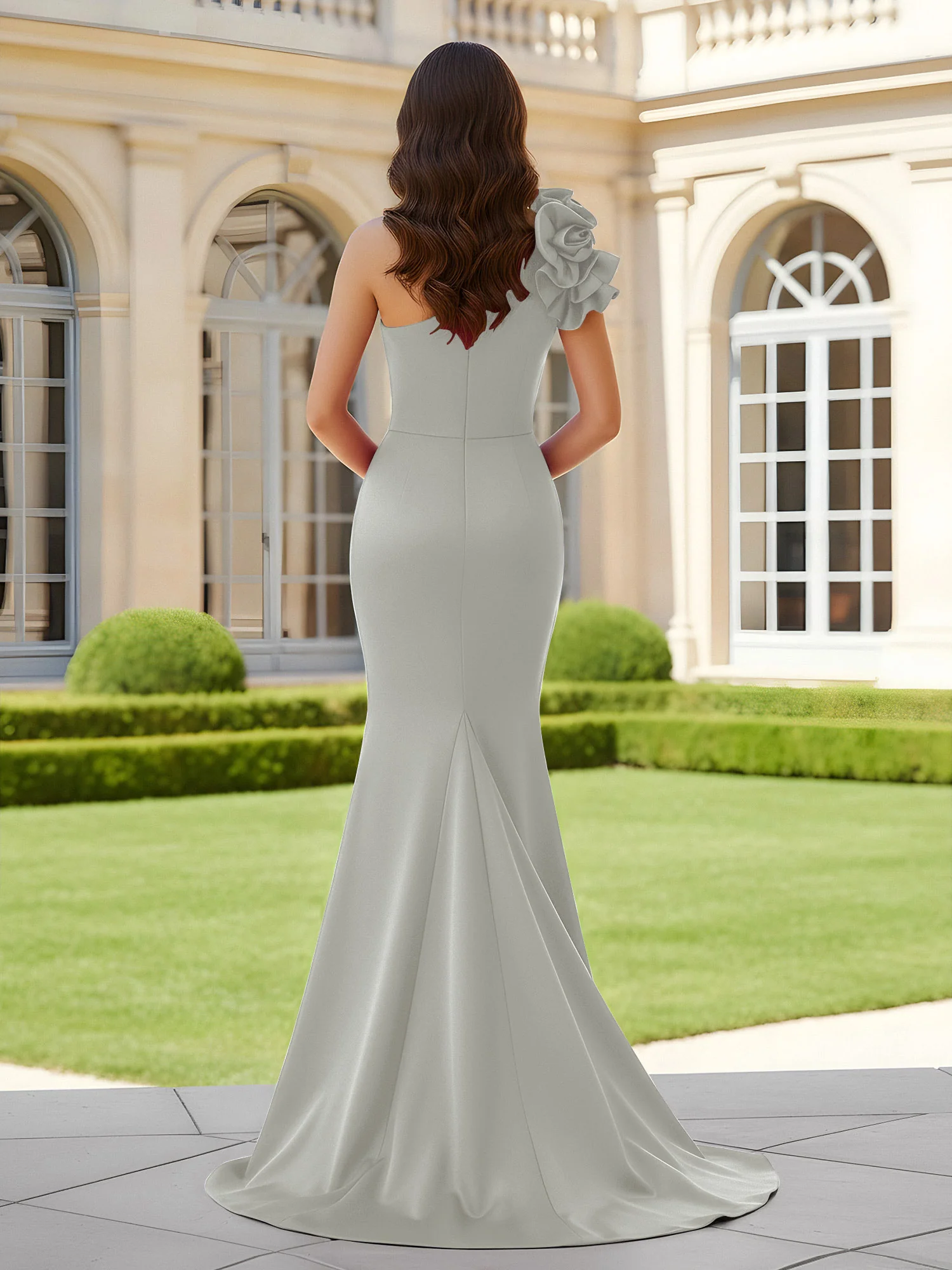Flower One Shoulder Pleated Mermaid Dress With Slit Silver - Image 2
