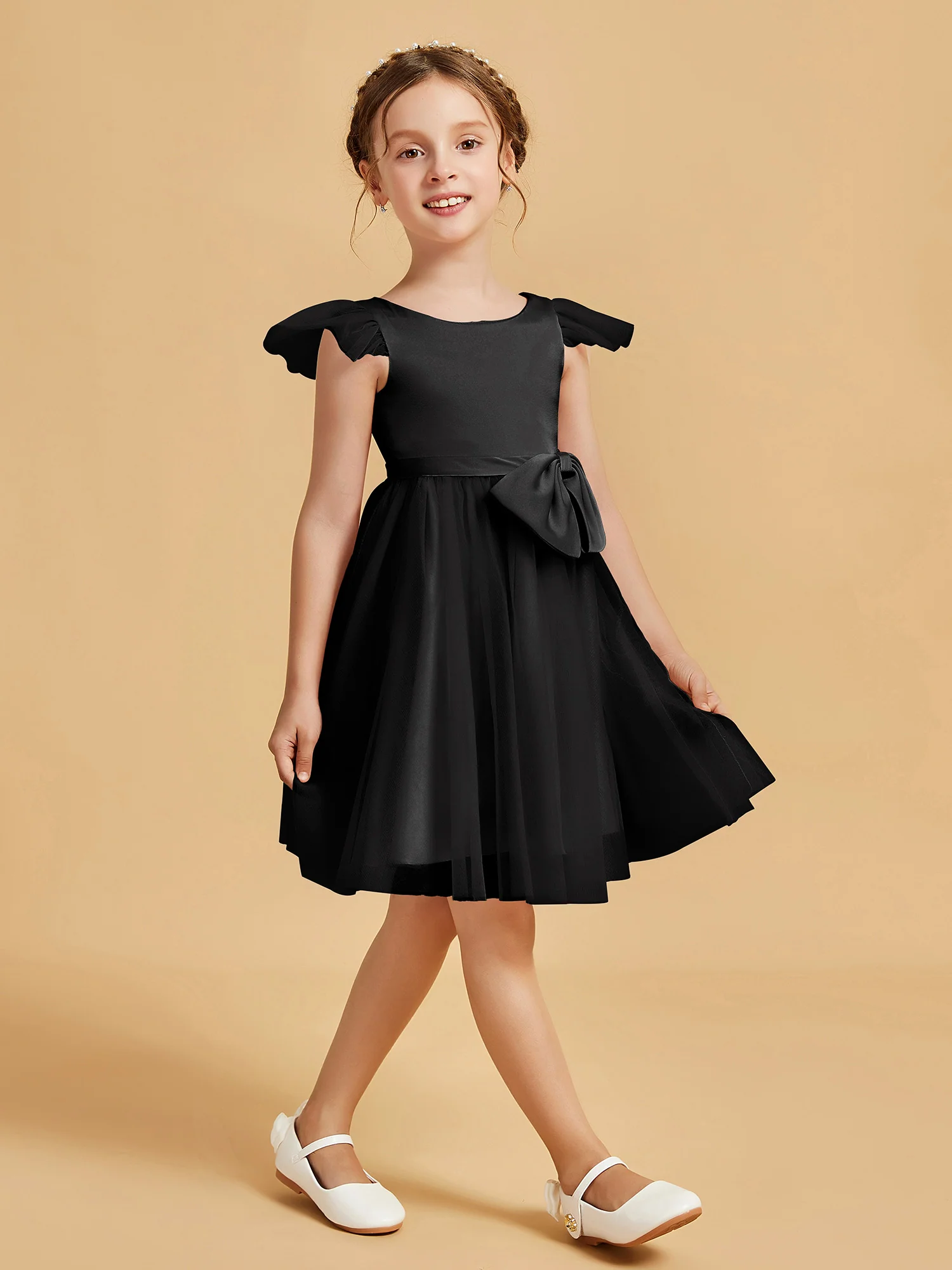 Flutter Sleeve Girl's Short Dress With Bow Black - Image 3