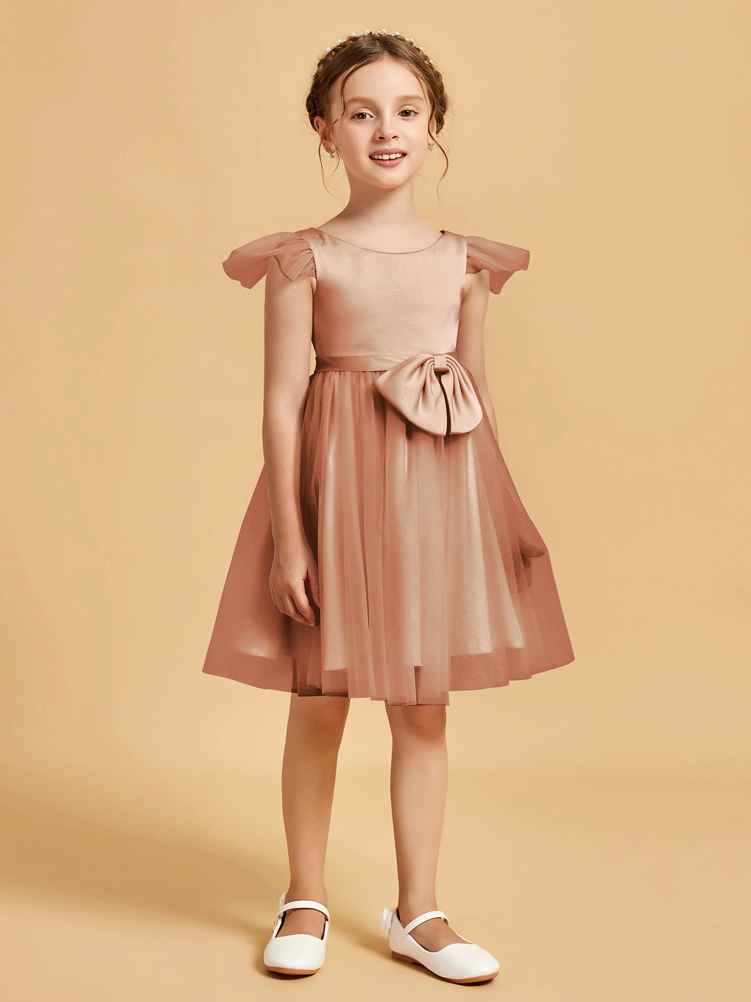 Flutter Sleeve Girl's Short Dress With Bow Bronzer