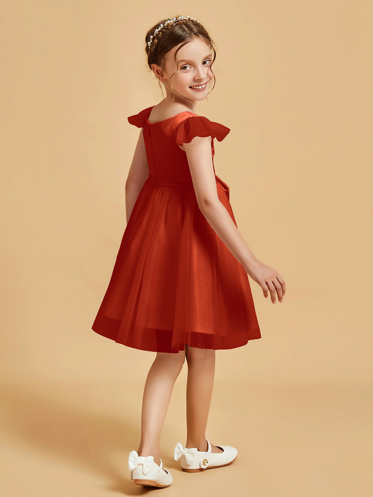 Flutter Sleeve Girl's Short Dress With Bow Burnt Orange - Image 2