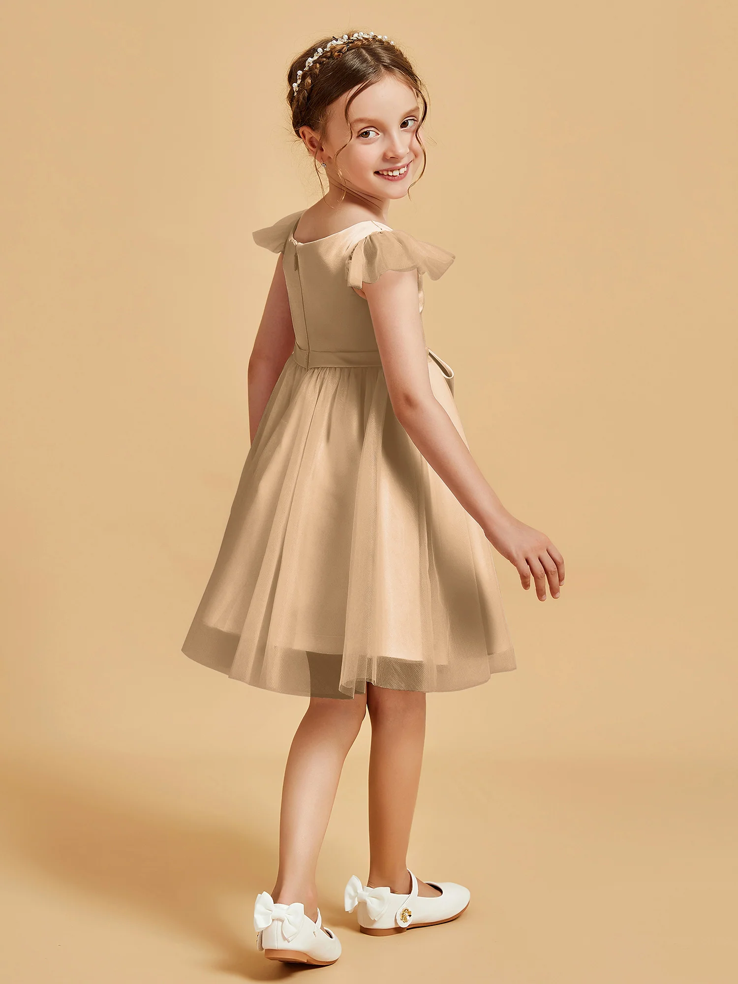 Flutter Sleeve Girl's Short Dress With Bow Champagne - Image 2