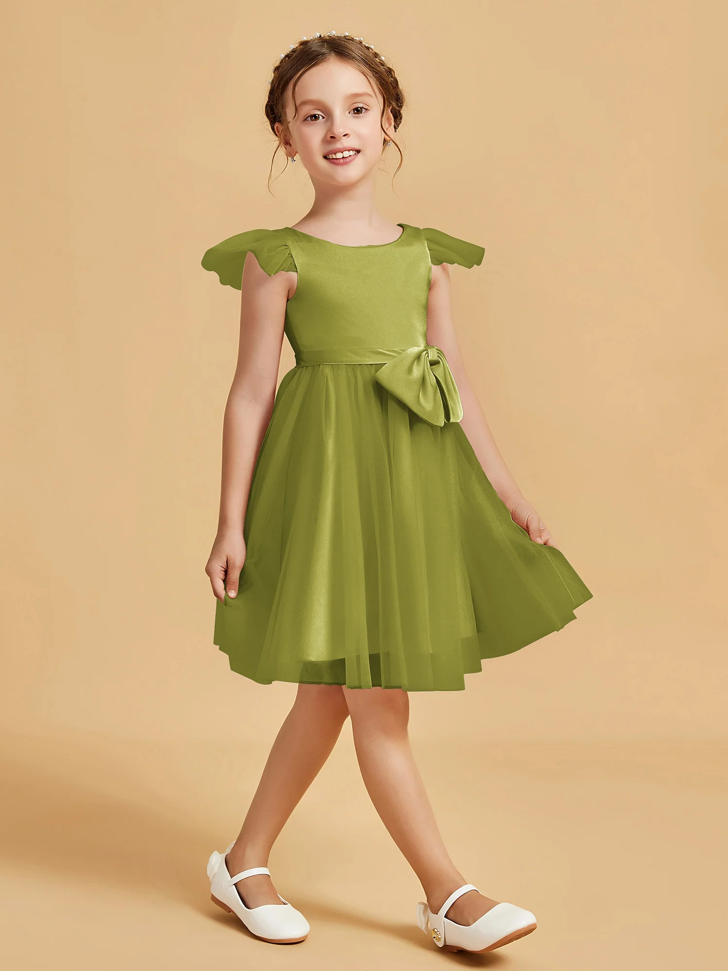 Flutter Sleeve Girl's Short Dress With Bow Clover - Image 3
