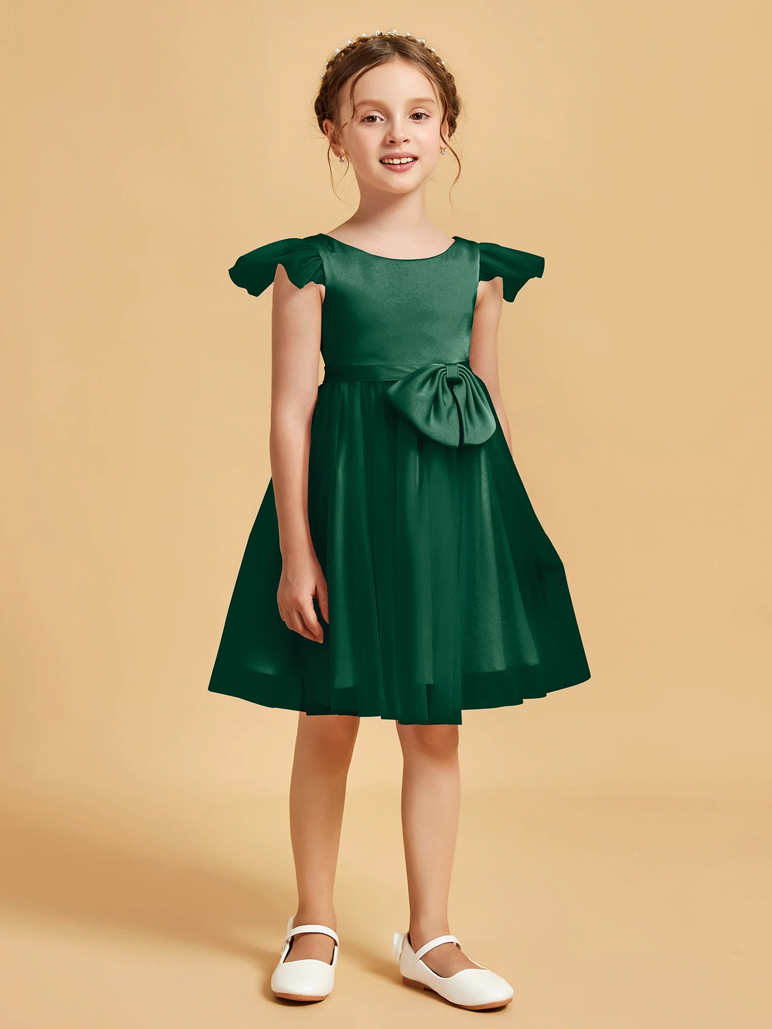 Flutter Sleeve Girl's Short Dress With Bow Dark Green