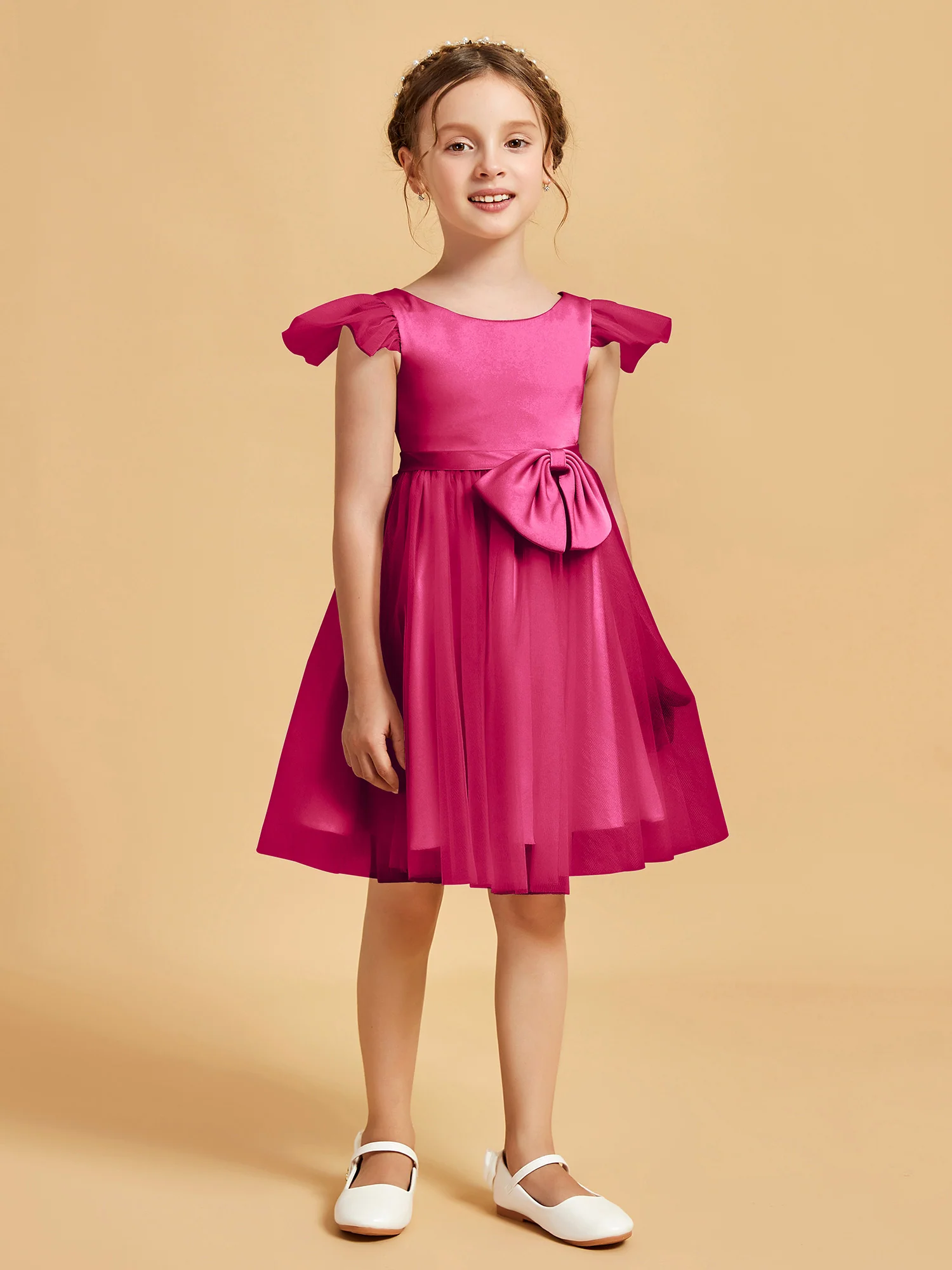 Flutter Sleeve Girl's Short Dress With Bow Fuchsia