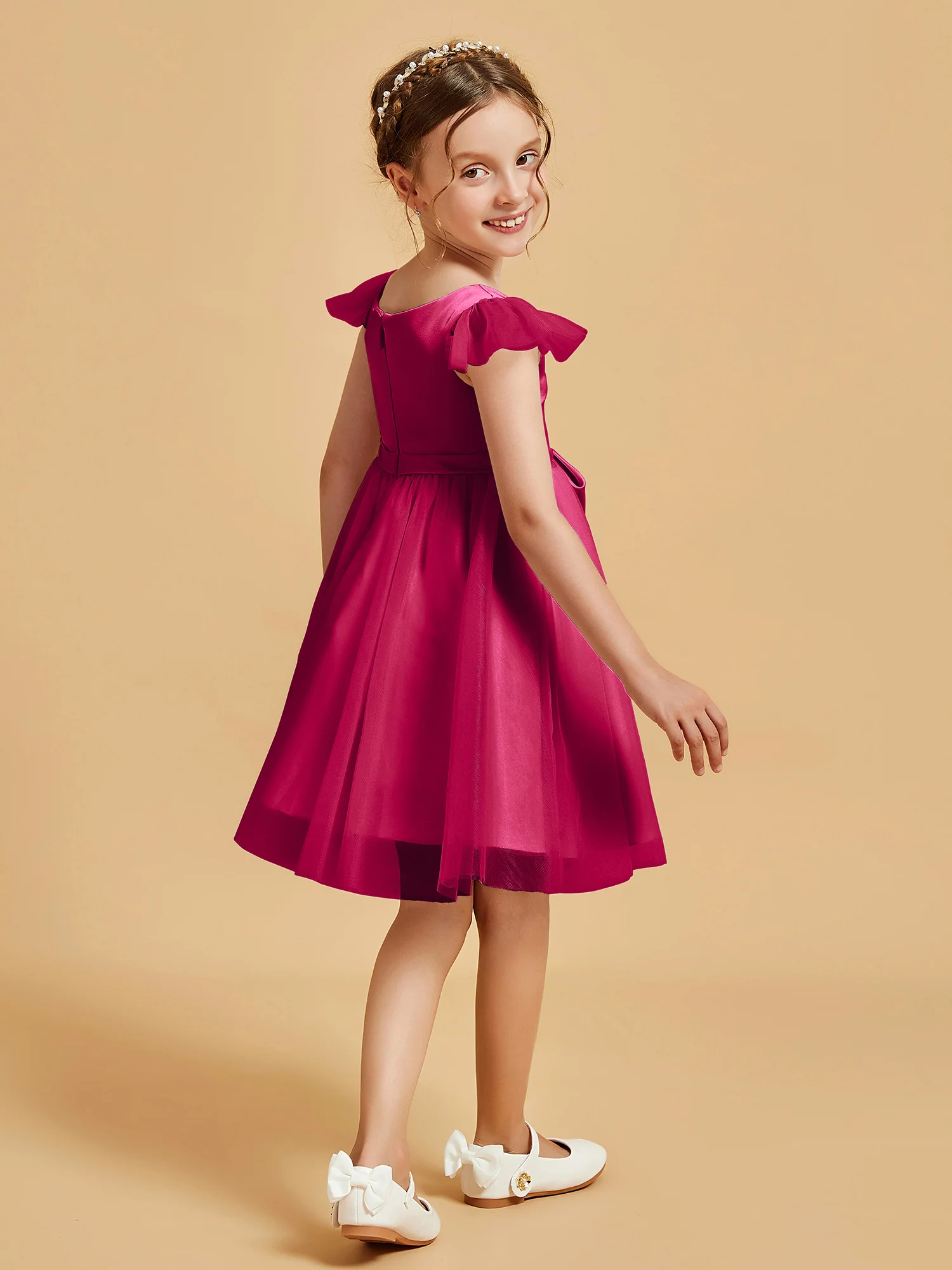 Flutter Sleeve Girl's Short Dress With Bow Fuchsia - Image 2