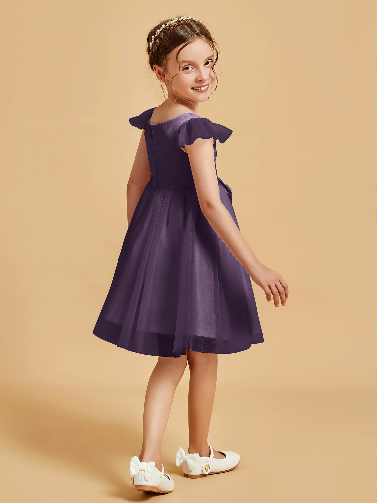Flutter Sleeve Girl's Short Dress With Bow Plum - Image 2