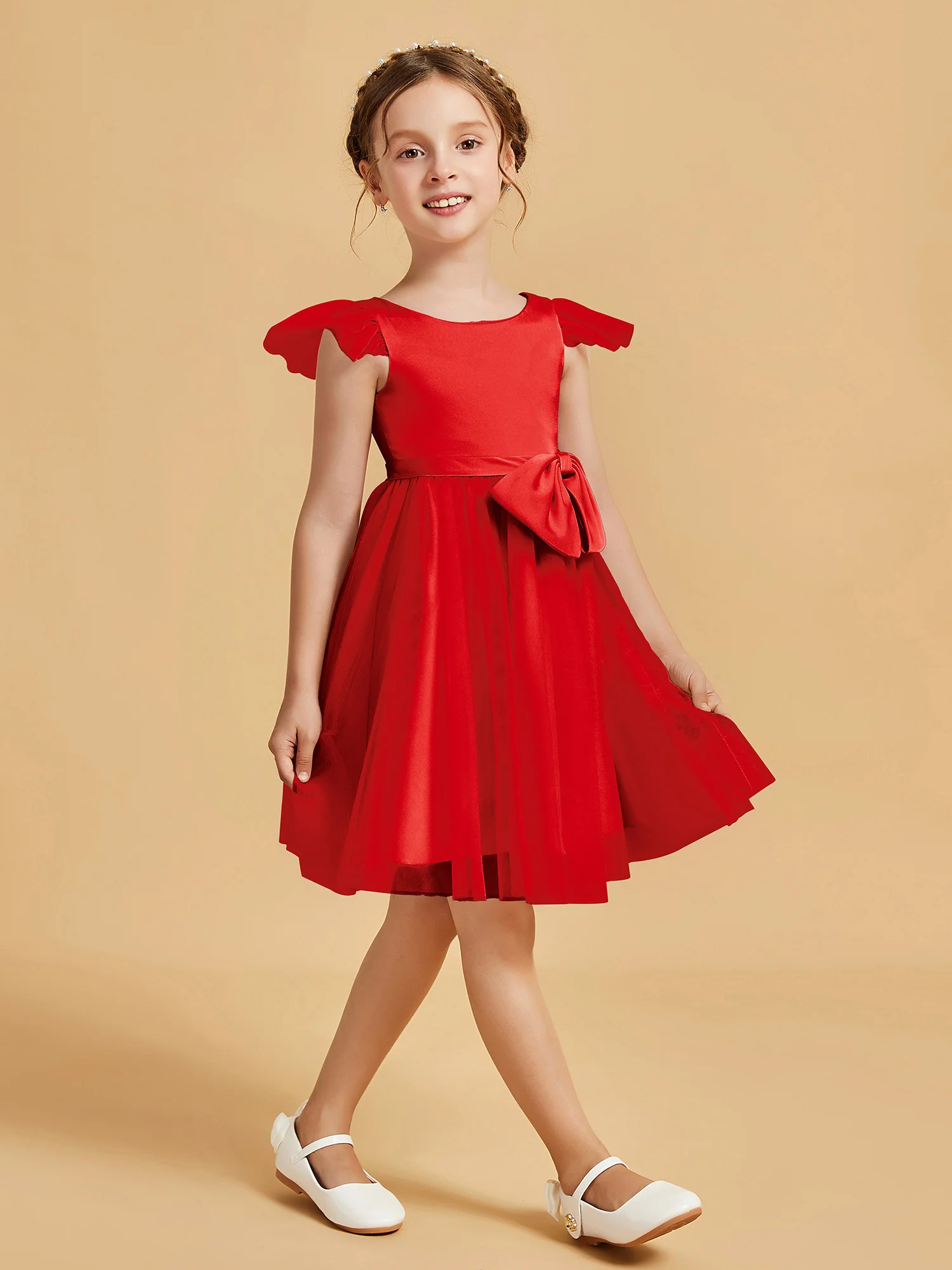 Flutter Sleeve Girl's Short Dress With Bow Red - Image 3
