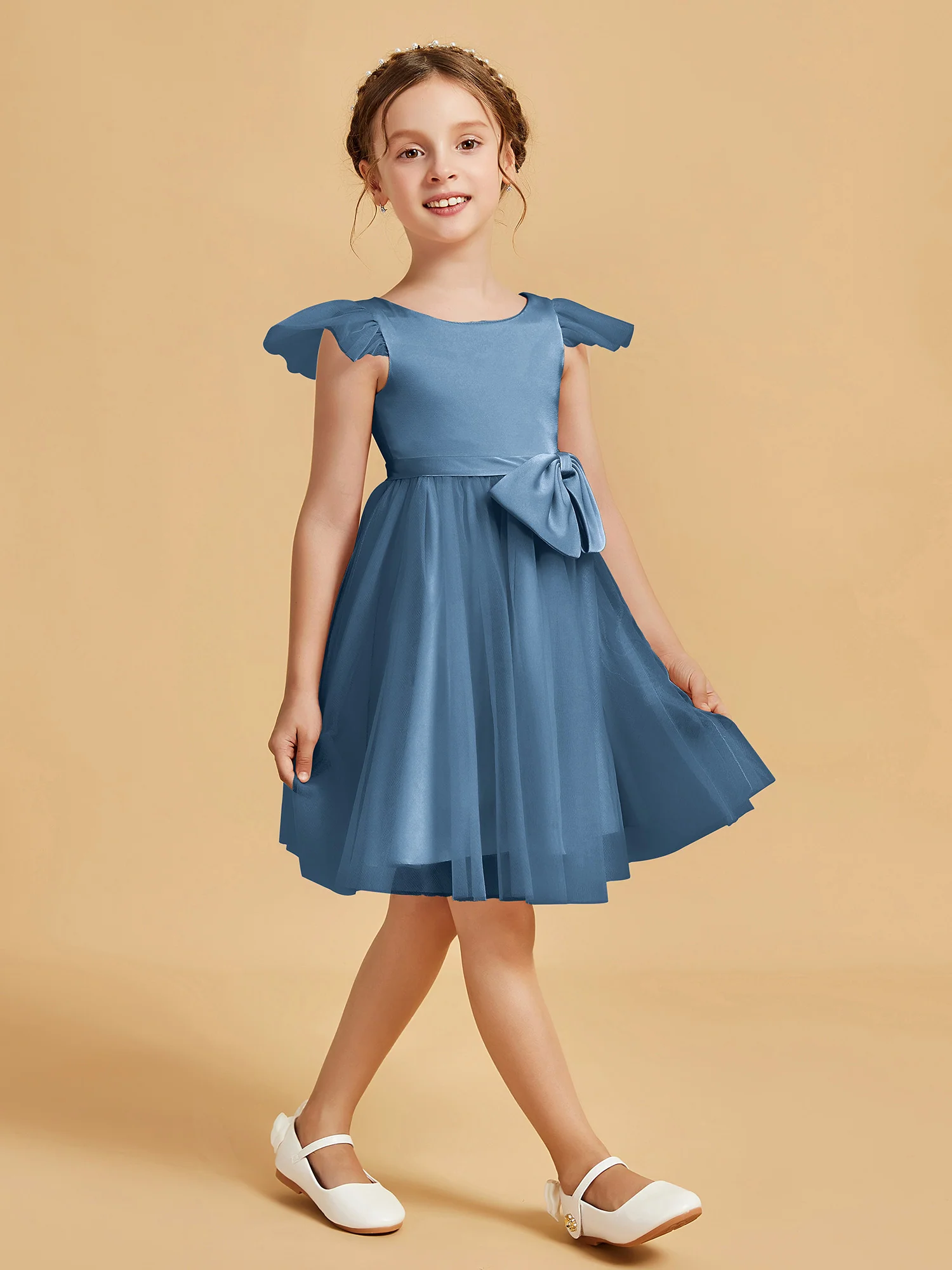 Flutter Sleeve Girl's Short Dress With Bow Slate Blue - Image 3