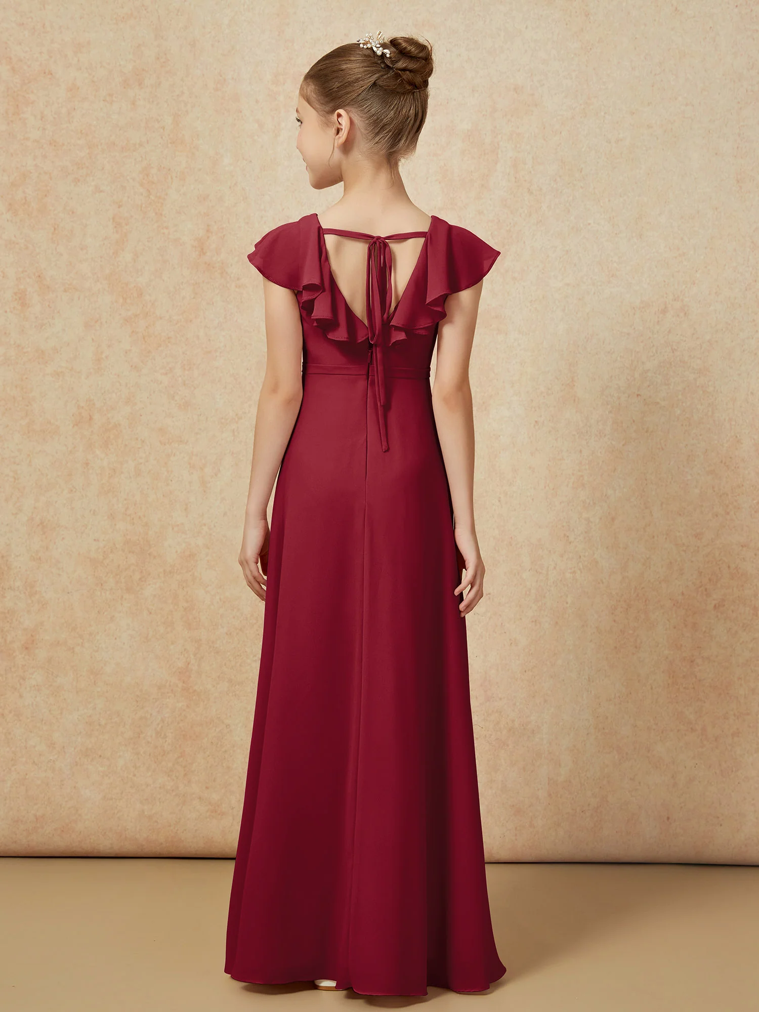 Flutter Sleeves Chiffon A-Line Junior Bridesmaid Dresses Burgundy - Image 2