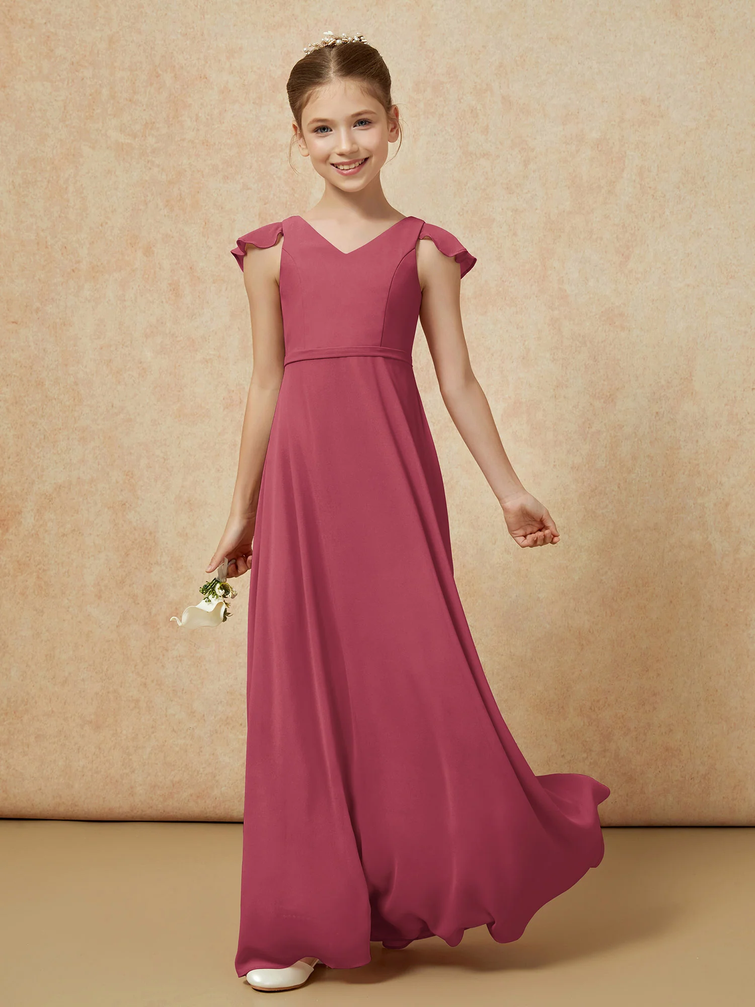 Flutter Sleeves Chiffon A-Line Junior Bridesmaid Dresses Cinnamon Rose - Image 3