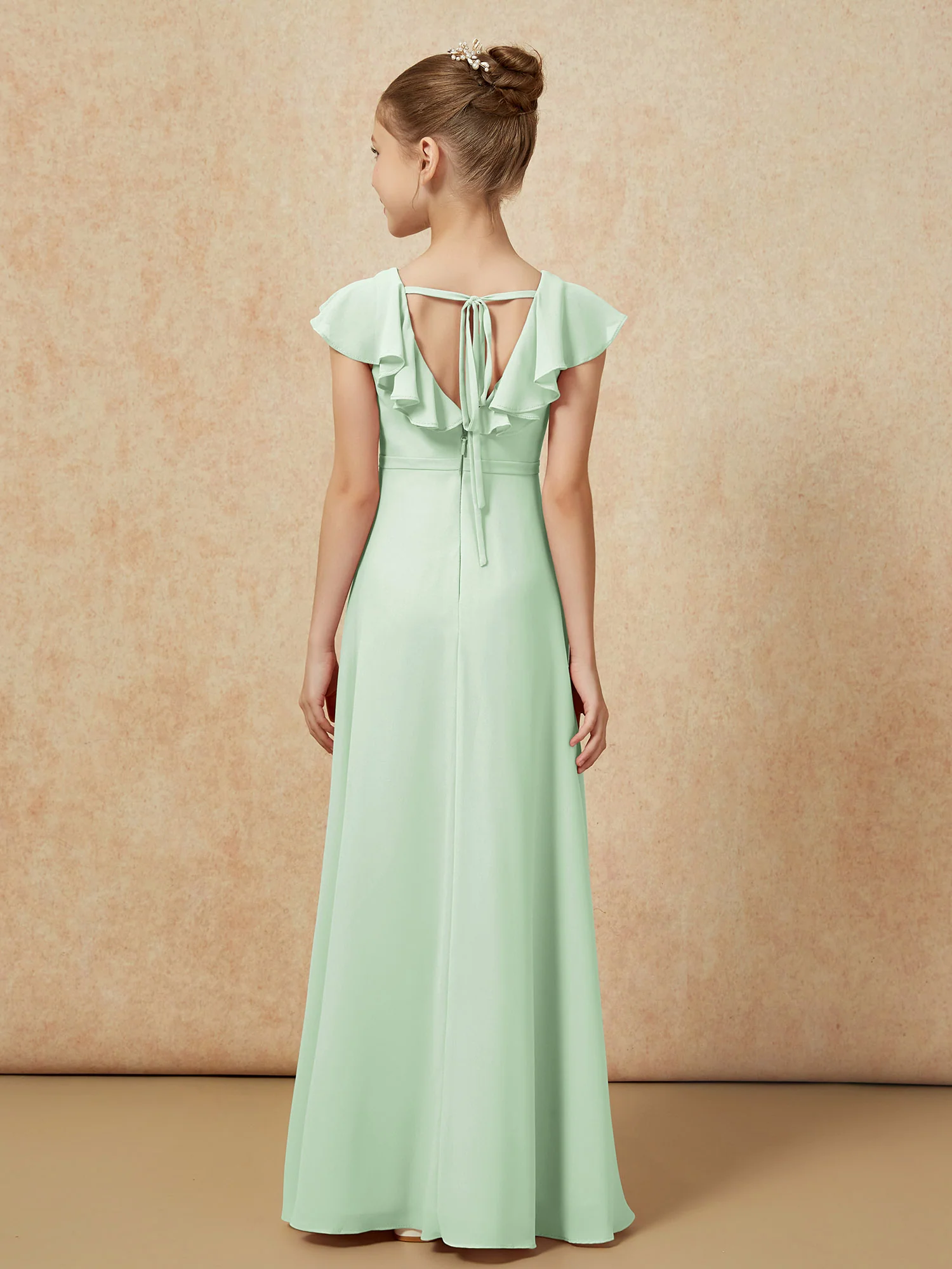 Flutter Sleeves Chiffon A-Line Junior Bridesmaid Dresses Dusty Sage - Image 2