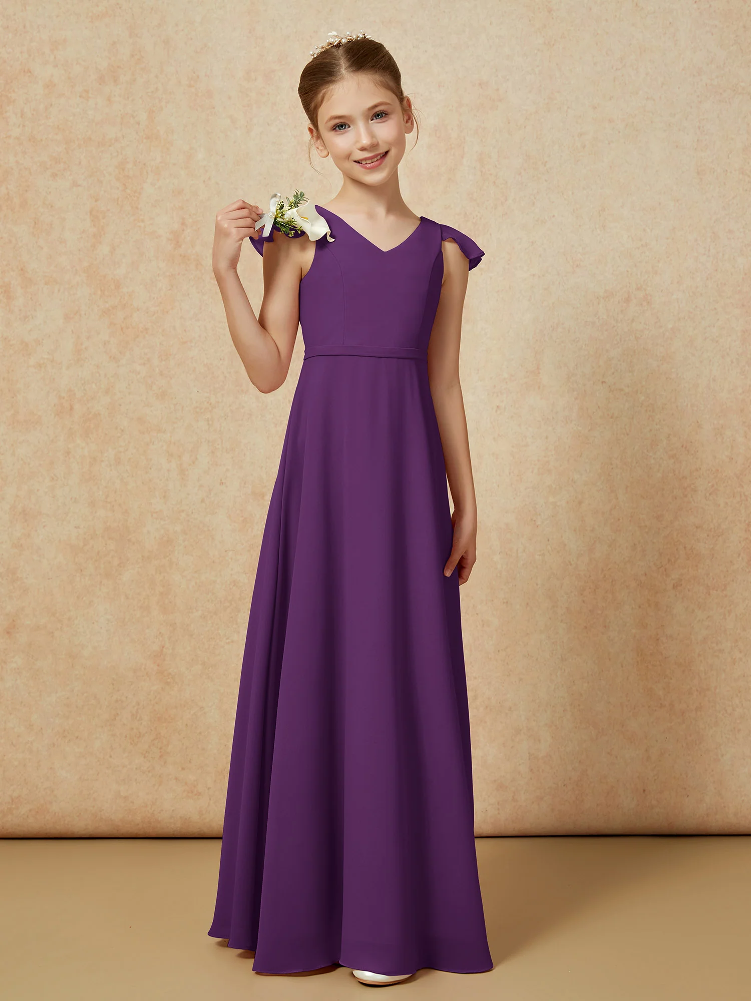 Flutter Sleeves Chiffon A-Line Junior Bridesmaid Dresses Grape