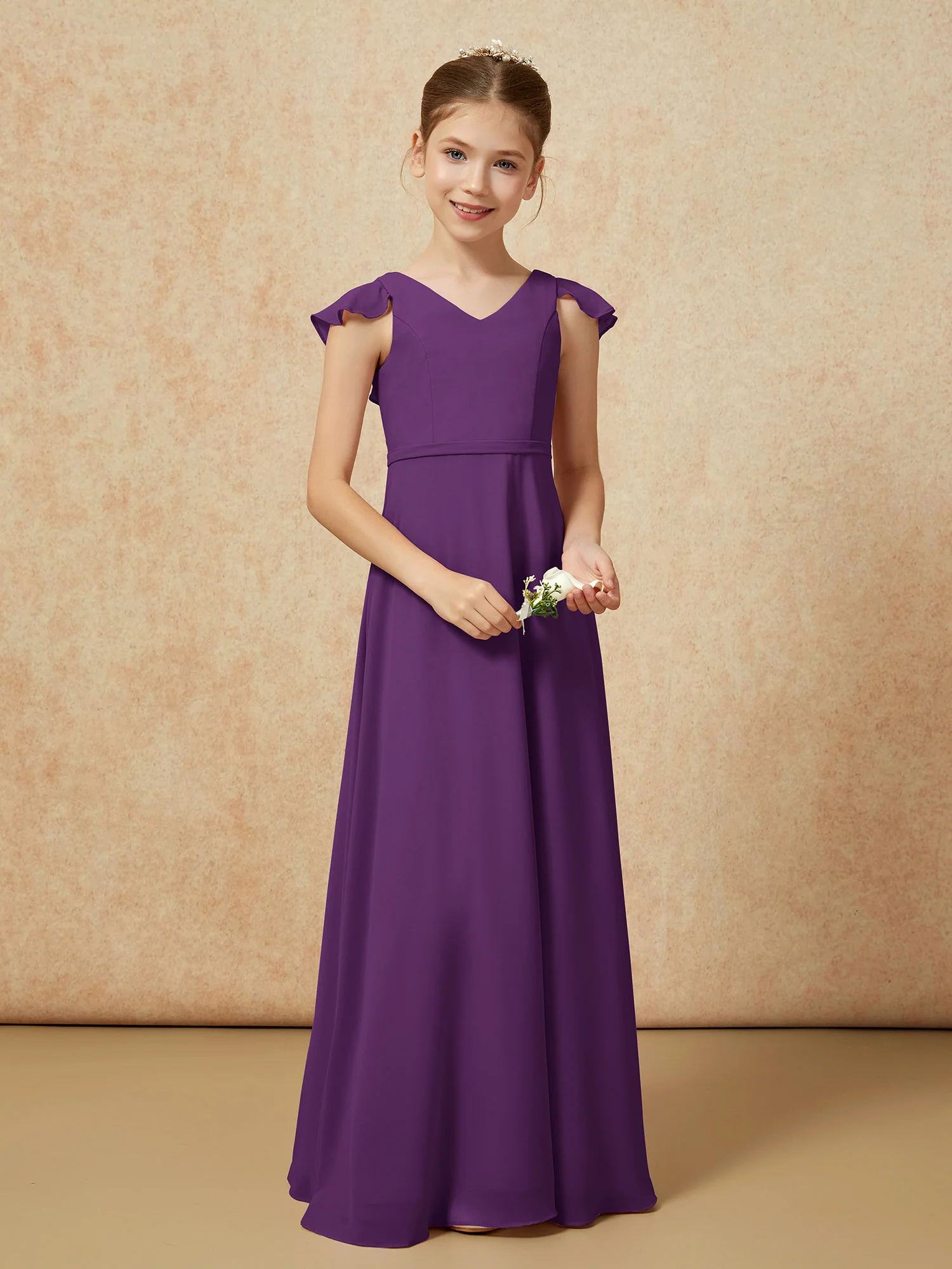 Flutter Sleeves Chiffon A-Line Junior Bridesmaid Dresses Grape - Image 5