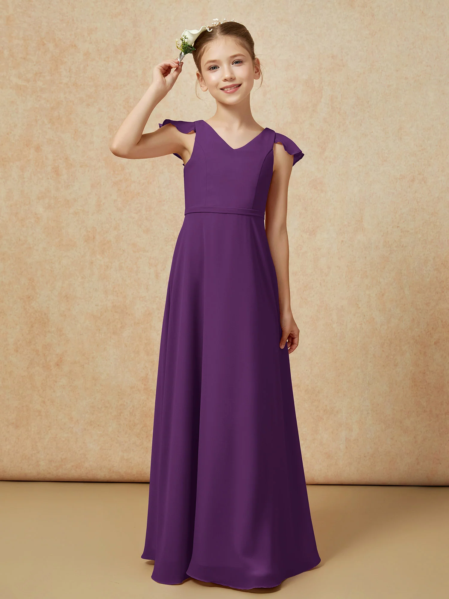 Flutter Sleeves Chiffon A-Line Junior Bridesmaid Dresses Grape - Image 6