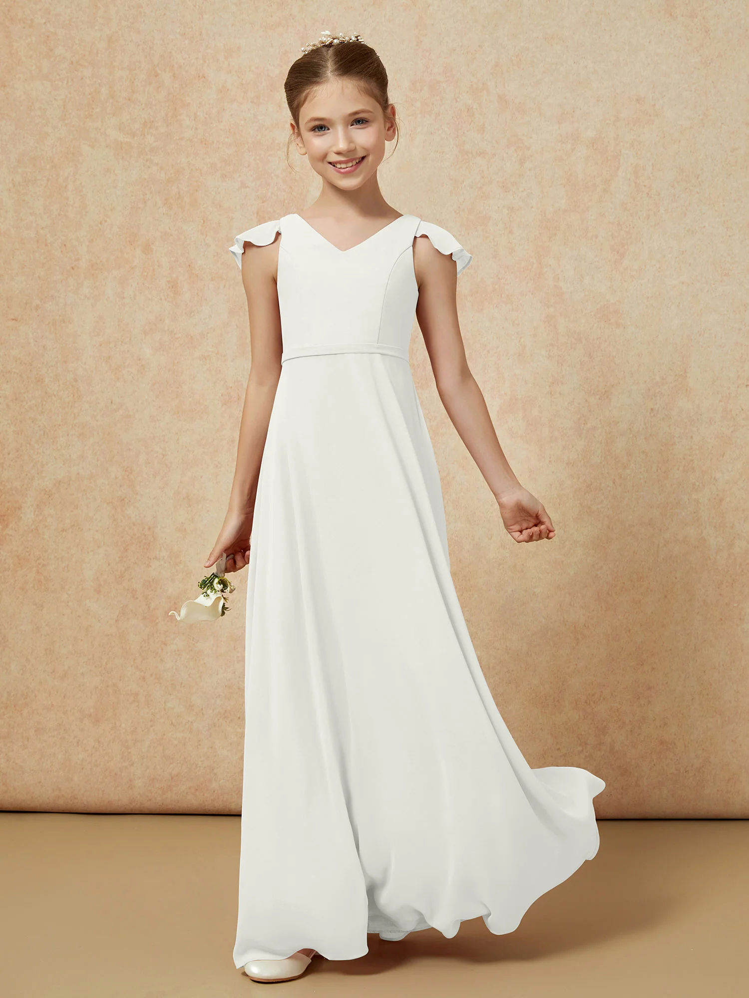 Flutter Sleeves Chiffon A-Line Junior Bridesmaid Dresses Ivory - Image 3