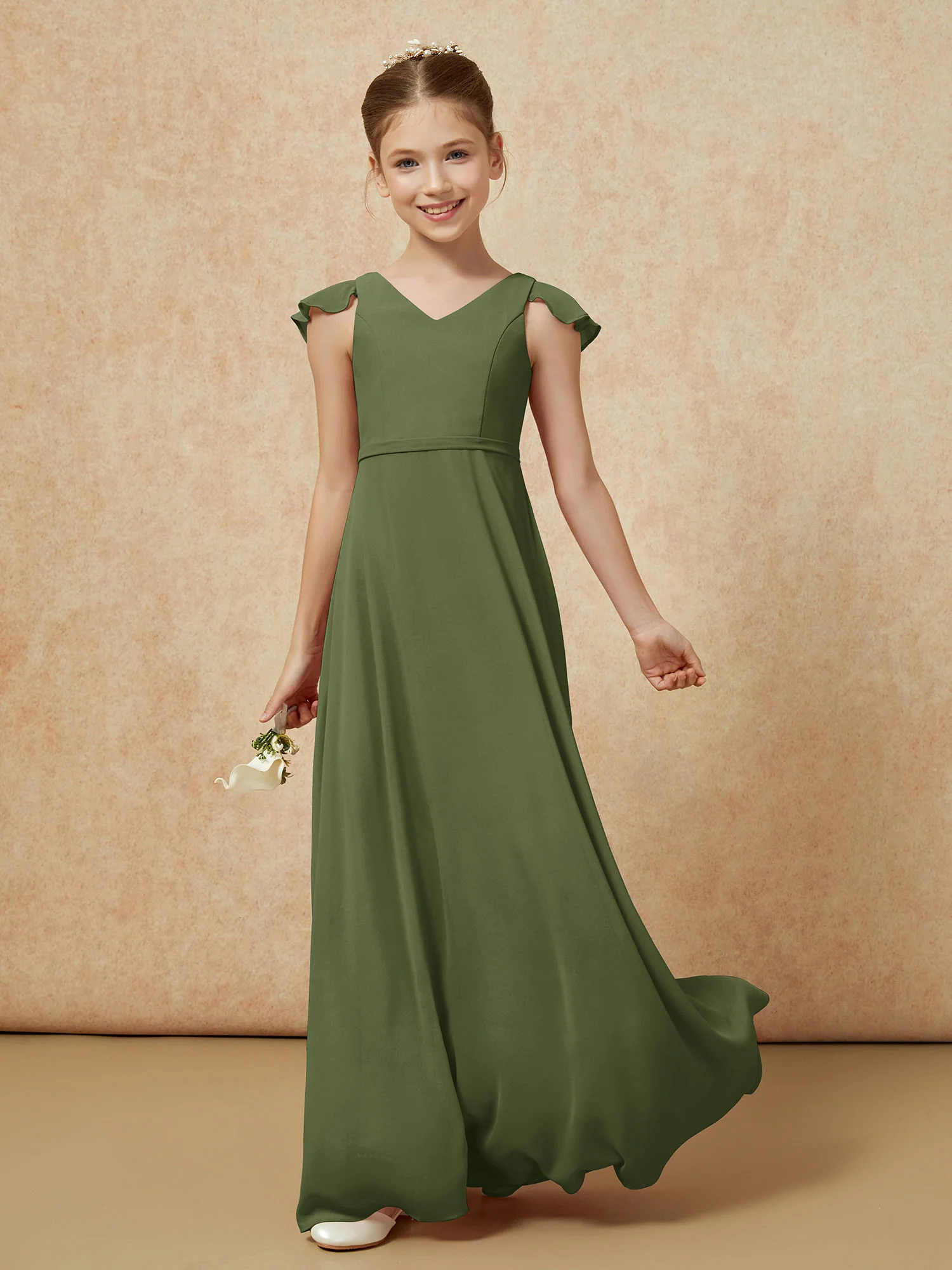 Flutter Sleeves Chiffon A-Line Junior Bridesmaid Dresses Olive Green - Image 3
