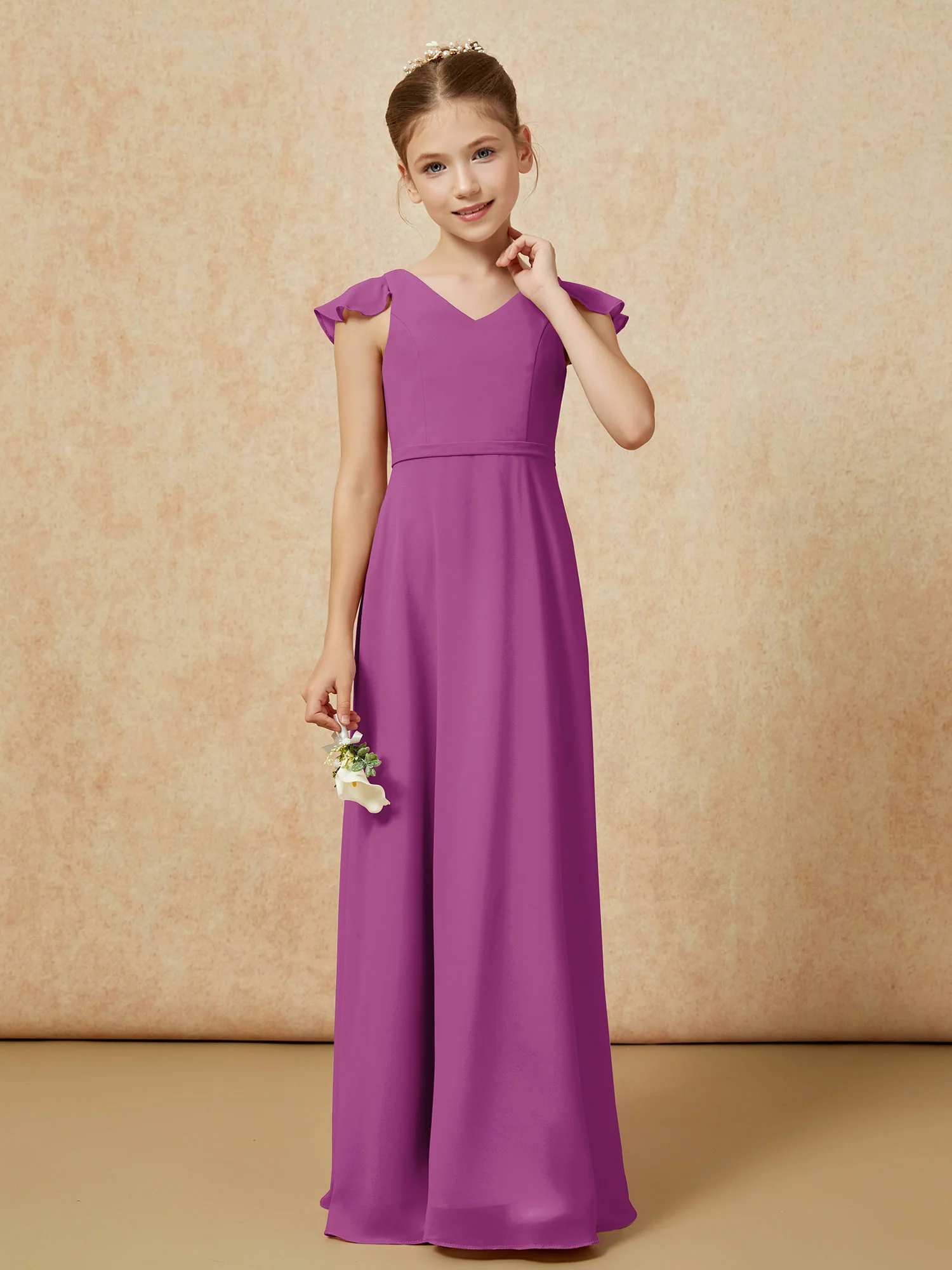 Flutter Sleeves Chiffon A-Line Junior Bridesmaid Dresses Orchid - Image 4