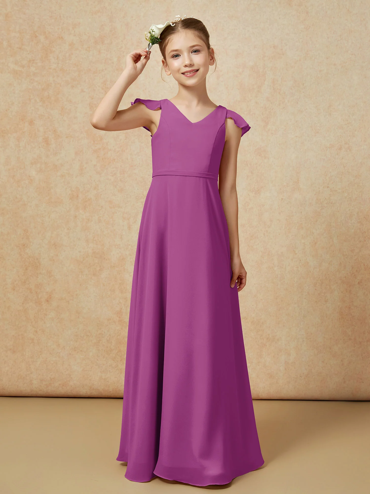 Flutter Sleeves Chiffon A-Line Junior Bridesmaid Dresses Orchid - Image 6