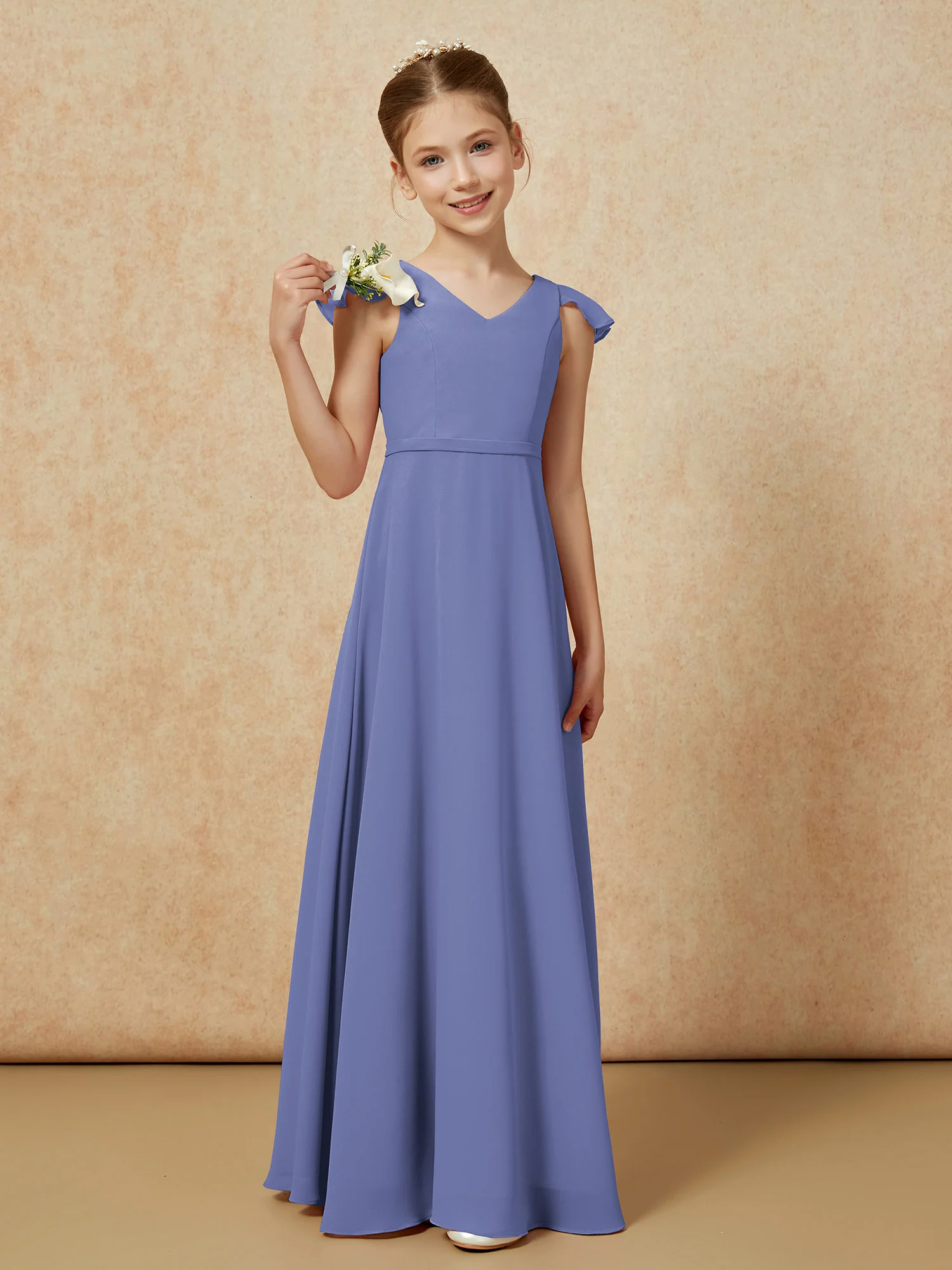 Flutter Sleeves Chiffon A-Line Junior Bridesmaid Dresses Periwinkle