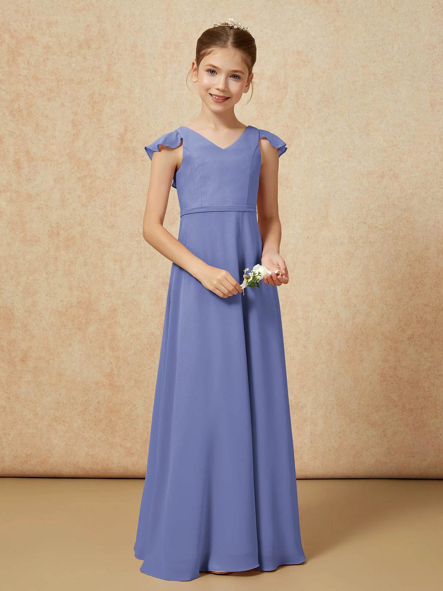 Flutter Sleeves Chiffon A-Line Junior Bridesmaid Dresses Periwinkle - Image 5